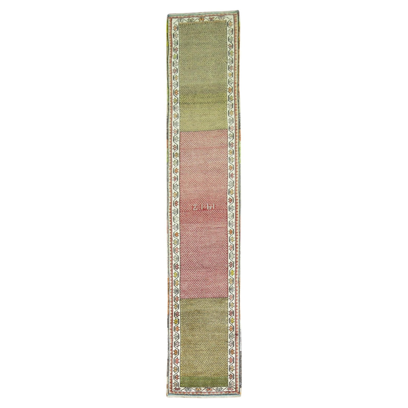Zabihi Collection 1912 Turkish Hand-Woven Wool Runner 26 x 134 in: Zabihi Collection 1912 Turkish Hand-Woven Wool Runner 26 x 134 in Discover the exquisite craftsmanship of this one-of-a-kind Turkish Narrow Runner, handcrafted in 1912. This beautiful piece showcases 