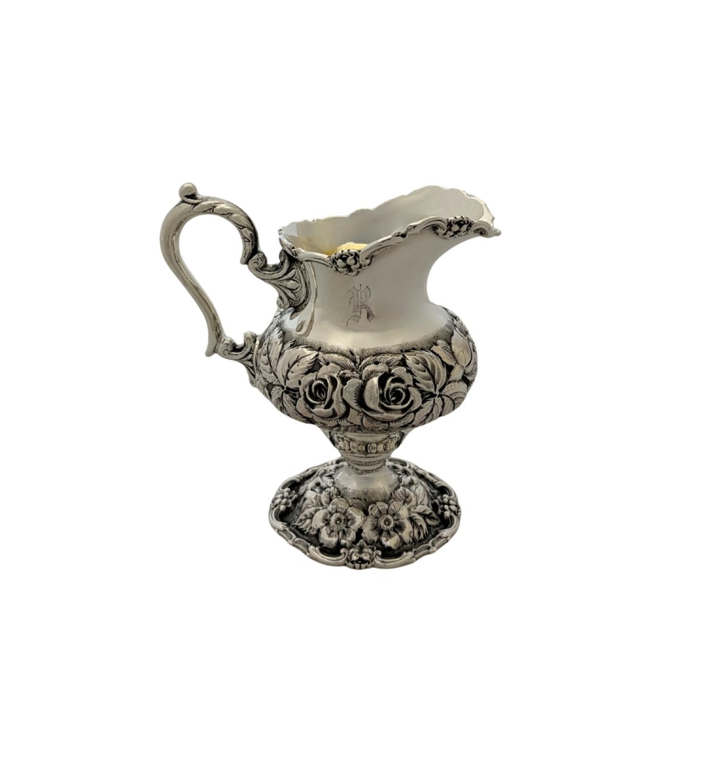 1936 Stieff Sterling Silver Rose Creamer Monogrammed: 1936 Stieff Sterling Silver Rose Creamer Monogrammed This antique 1936 Stieff creamer is crafted from .925 sterling silver and features intricate handmade chased repousse rose designs. The piece inclu