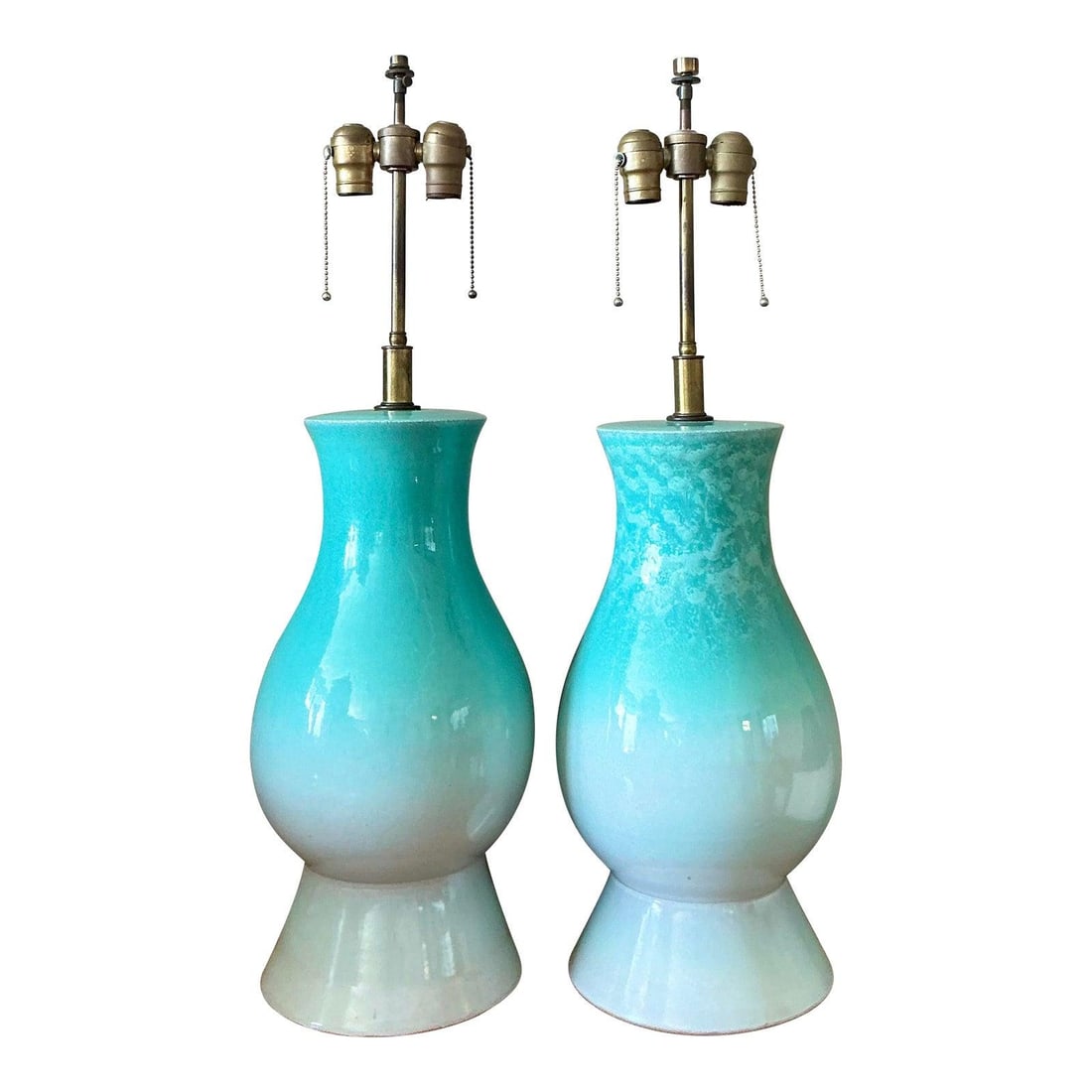 Pair of Ombre Teal Ceramic Table Lamps with Bohemian Style Glaze: Pair of Ombre Teal Ceramic Table Lamps with Bohemian Style Glaze This pair of vintage ceramic table lamps features a graceful, vase-inspired silhouette with a unique ombre glaze that fades from rich t