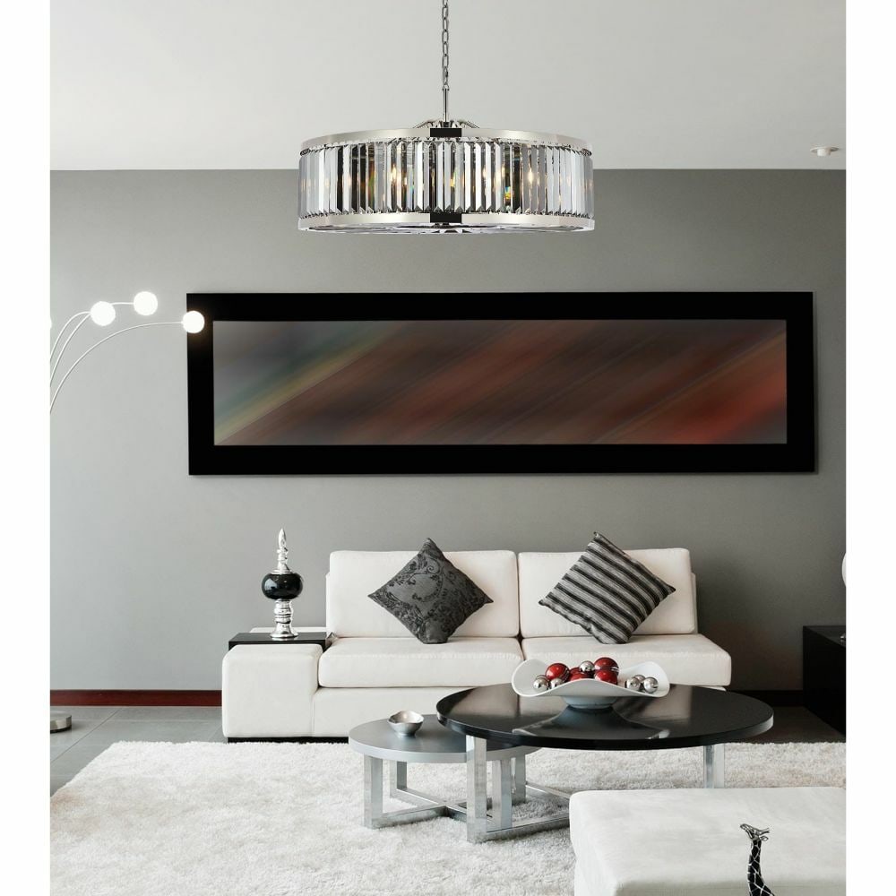 Chelsea 10 Light Polished Nickel Crystal Chandelier 43.5 inch: Chelsea 10 Light Polished Nickel Crystal Chandelier 43.5 inch This modern chandelier features a polished nickel frame adorned with high-quality Royal Cut silver shade crystals, offering a striking and