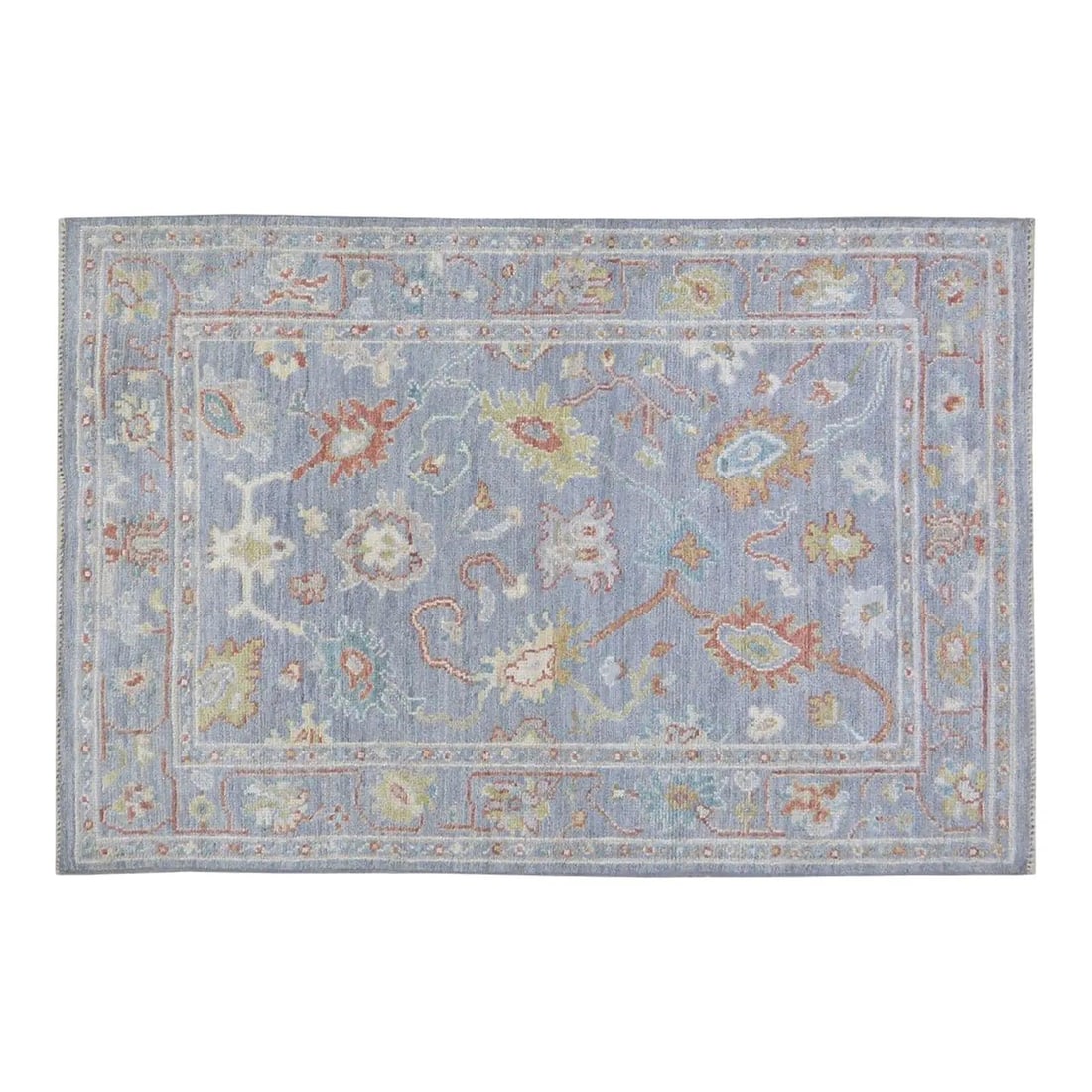 Stone Gray Wool Oushak Rug Hand Knotted Turkish 4'x6': Stone Gray Wool Oushak Rug Hand Knotted Turkish 4'x6' This Turkish Oushak rug is hand-knotted from wool using traditional techniques, showcasing timeless craftsmanship with a modern design sensibility
