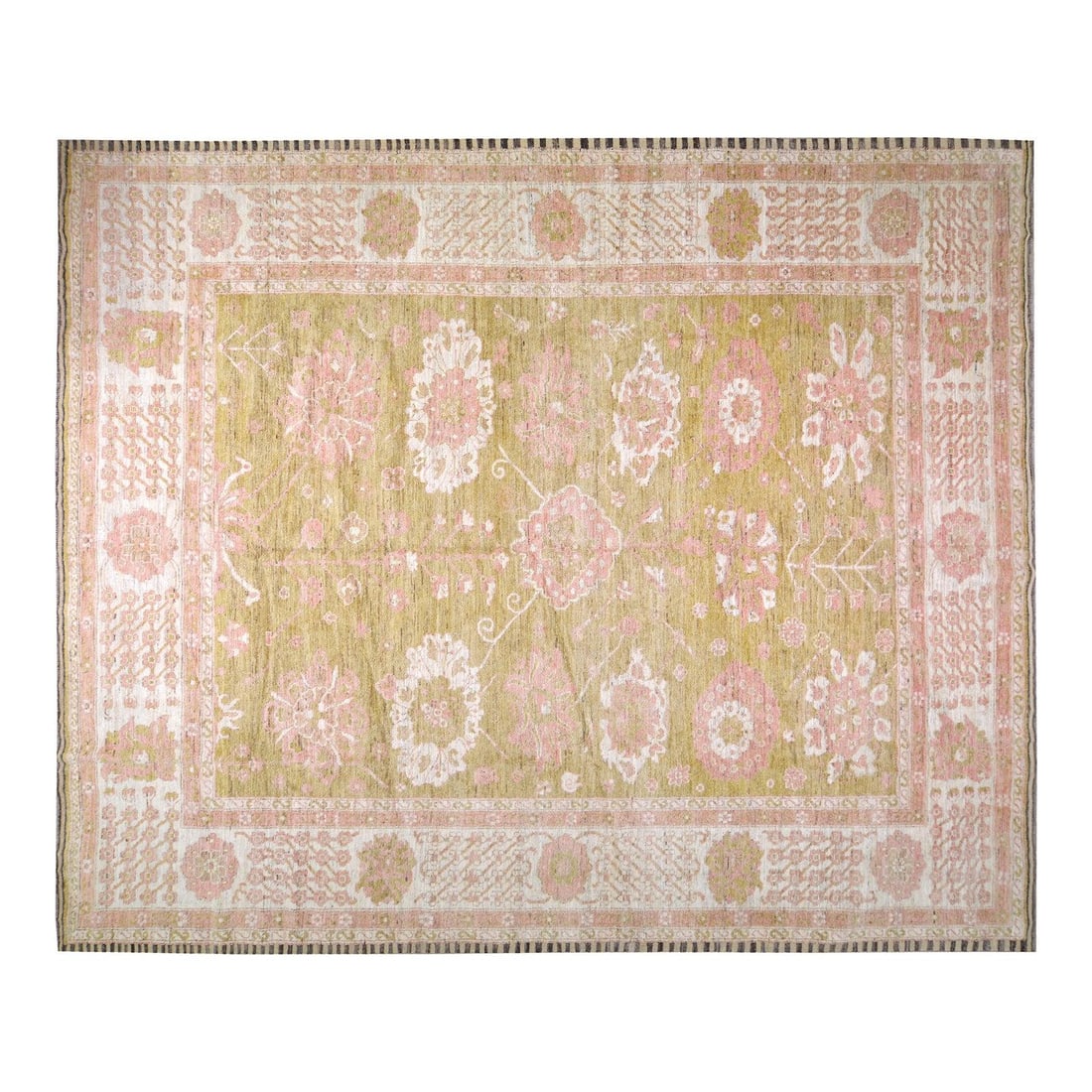 12'6" x 15'1" Wool Area Rug Hand Knotted Oushak Design: 12'6" x 15'1" Wool Area Rug Hand Knotted Oushak Design This Oushak hand-knotted wool rug is crafted using traditional techniques, offering a blend of timeless craftsmanship and modern design sensibili