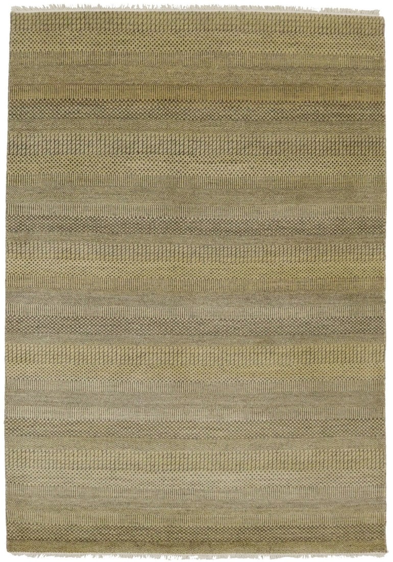 Handmade 5x8 Modern Brown Beige Wool Area Rug: Handmade 5x8 Modern Brown Beige Wool Area Rug Enhance your space with this modern brown and beige grass-style Oriental rug, handmade for a plush feel. This area rug showcases a beautiful blend of colo