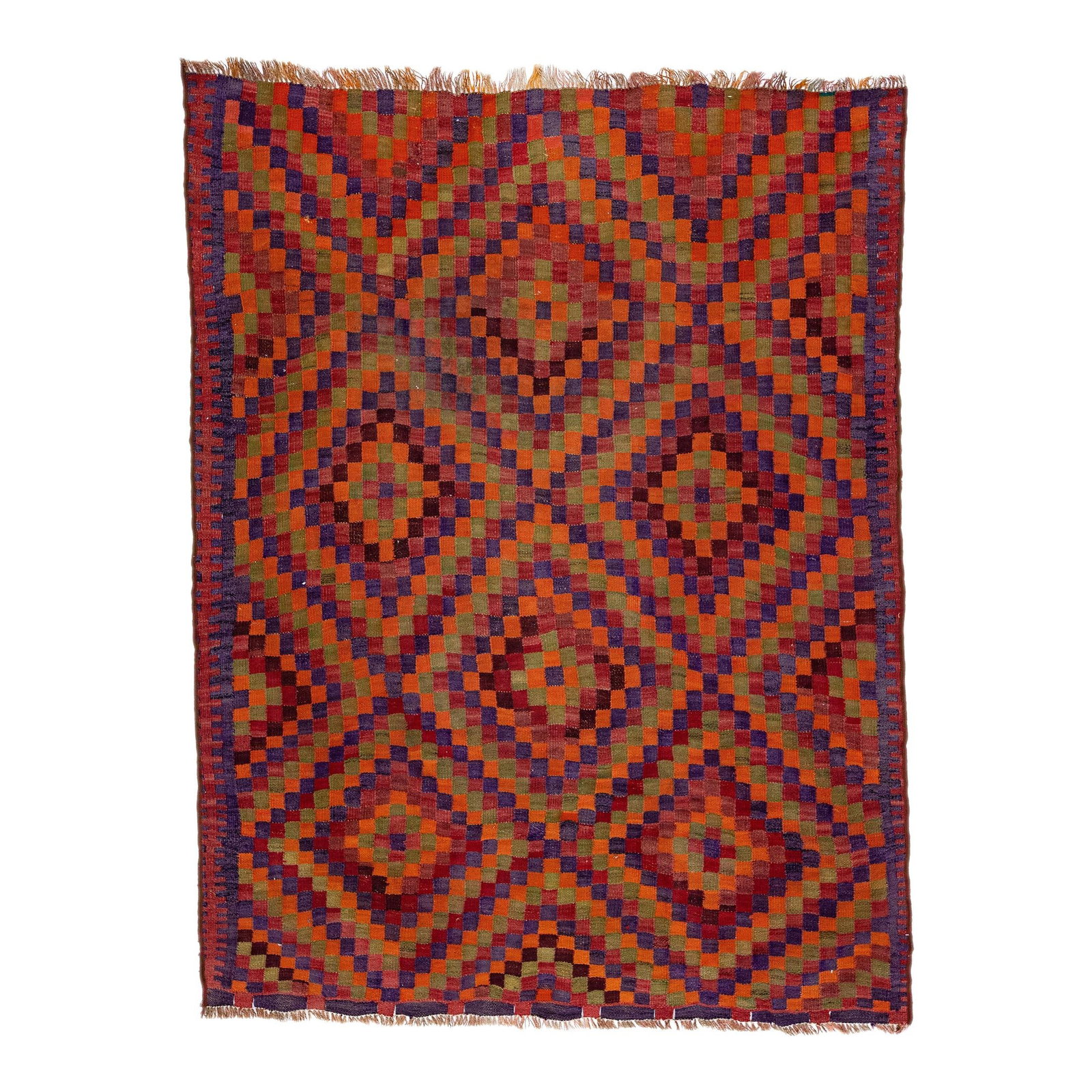 1960s Turkish Kilim Red Wool Rug Geometric Design 6' x 7'10': 1960s Turkish Kilim Red Wool Rug Geometric Design 6' x 7'10' Discover this exquisite vintage Turkish Kilim rug, expertly hand-knotted from high-quality wool. Featuring a vibrant red field accented by 
