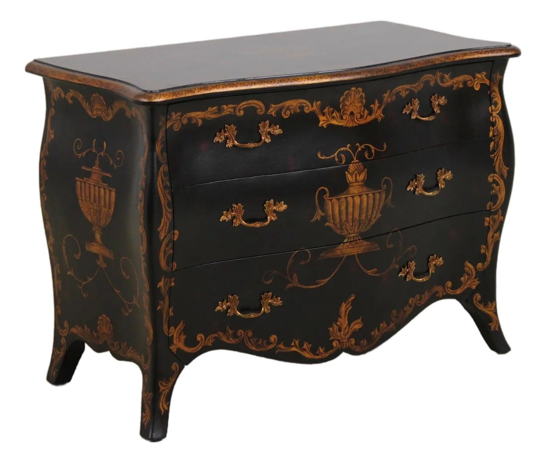 Maitland Smith black and gold bombe commode chest 43.5w x 23d x 32h (1 of 10)