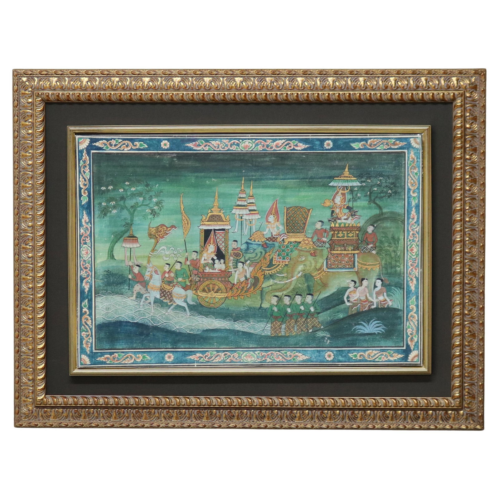 Framed Thai watercolor genre scene with elephant and horses (1 of 12)