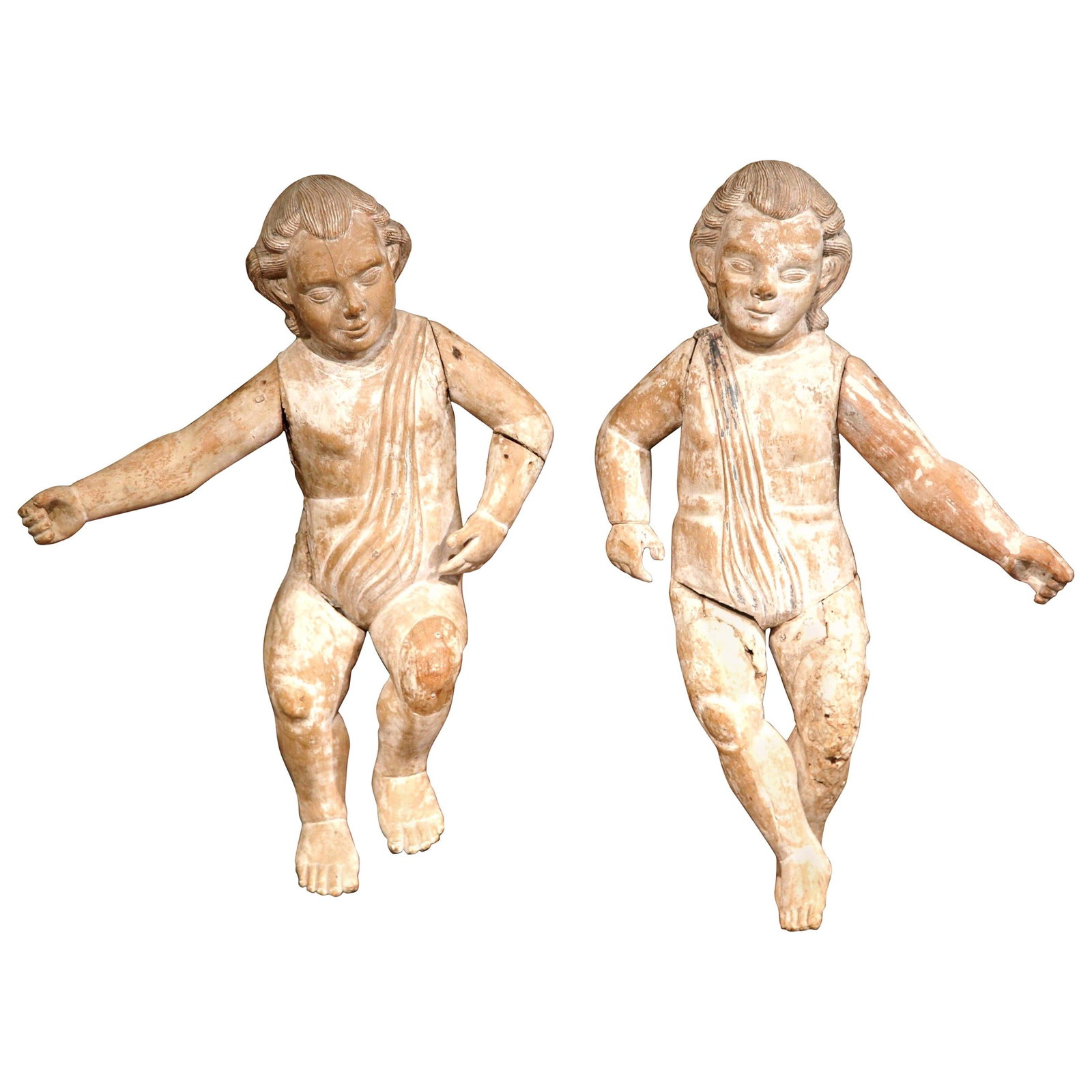 Set of 2 Italian Oak Hand-Carved 18th Century Putti Wall Sculptures: Set of 2 Italian Oak Hand-Carved 18th Century Putti Wall Sculptures This pair of mid-18th century Italian carved wood putti features a beautifully weathered whitewashed finish. Each large-scale figure