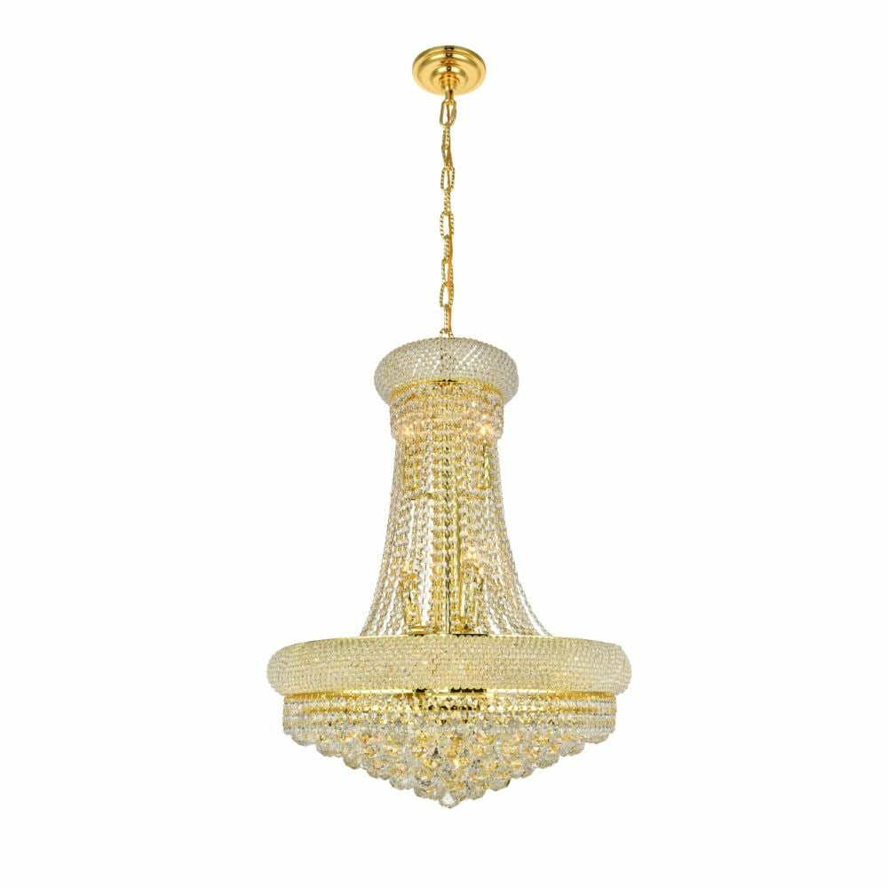 14-Light Gold Crystal Empire Chandelier 32 Inch Height: 14-Light Gold Crystal Empire Chandelier 32 Inch Height This French Empire-style chandelier features a large gold frame adorned with Royal Cut clear crystals, offering an elegant and luxurious lighting