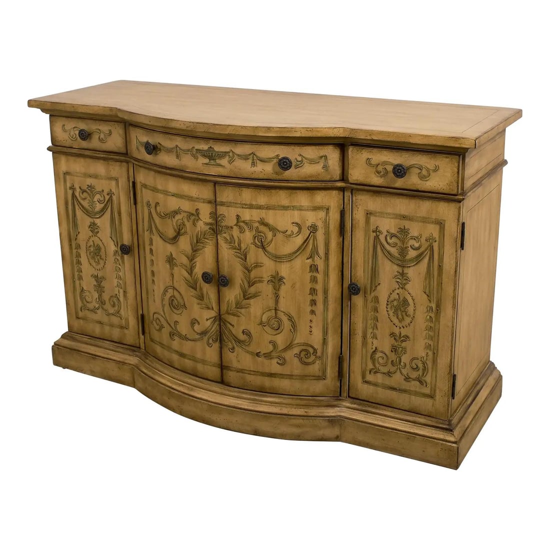 Elegant Venetian Style Wood Console Cabinet Sideboard 56" Wide: Elegant Venetian Style Wood Console Cabinet Sideboard 56" Wide This elegant Venetian Style Console Cabinet Sideboard features a light factory distressed finish, showcasing beautiful paint decoration t