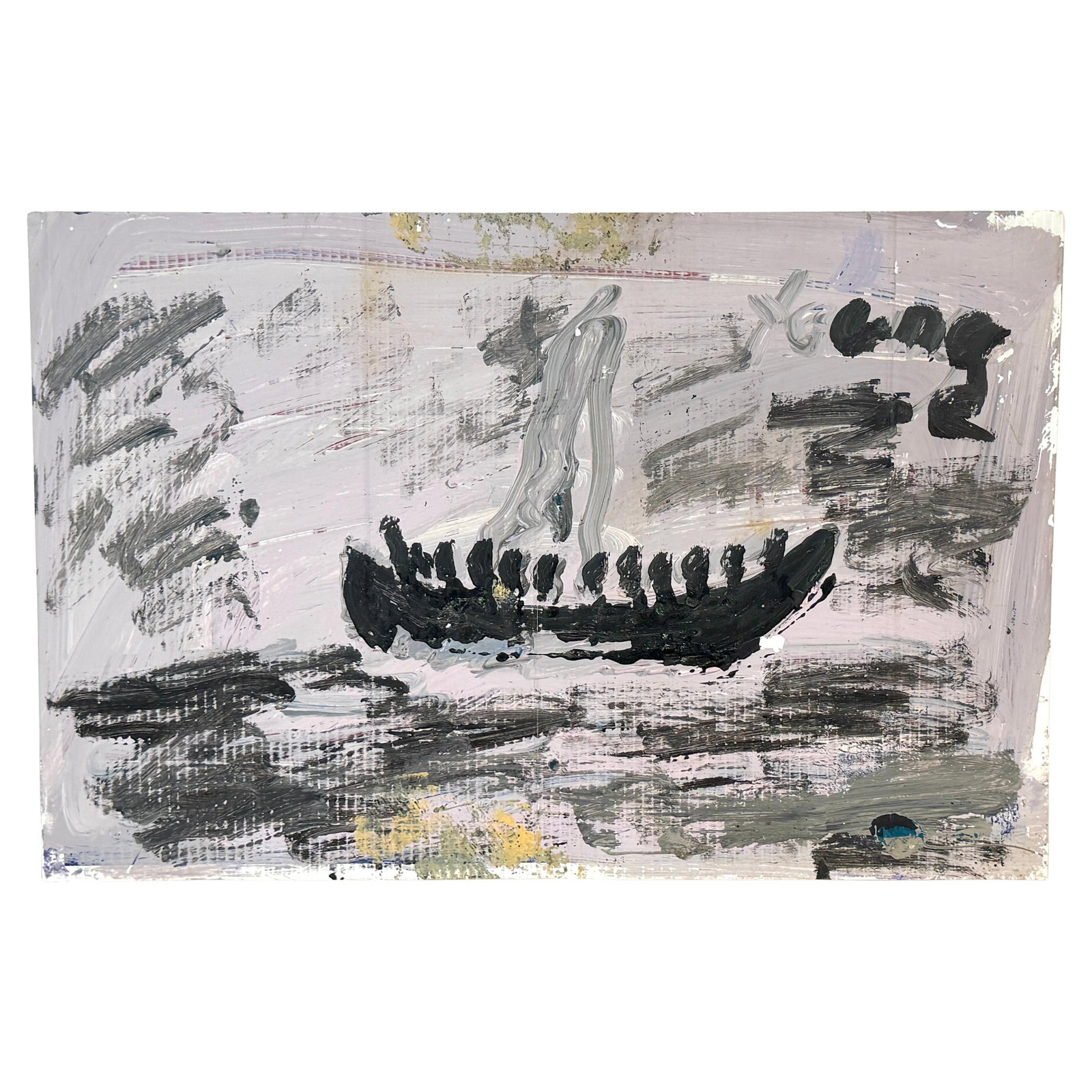 Purvis Young painting of boat and figures on found campaign board 1980s Miami: Purvis Young painting of boat and figures on found campaign board 1980s Miami This artwork by Purvis Young, titled "Exodus Boat with Figures," was created in Miami during the 1980s. Executed with hous
