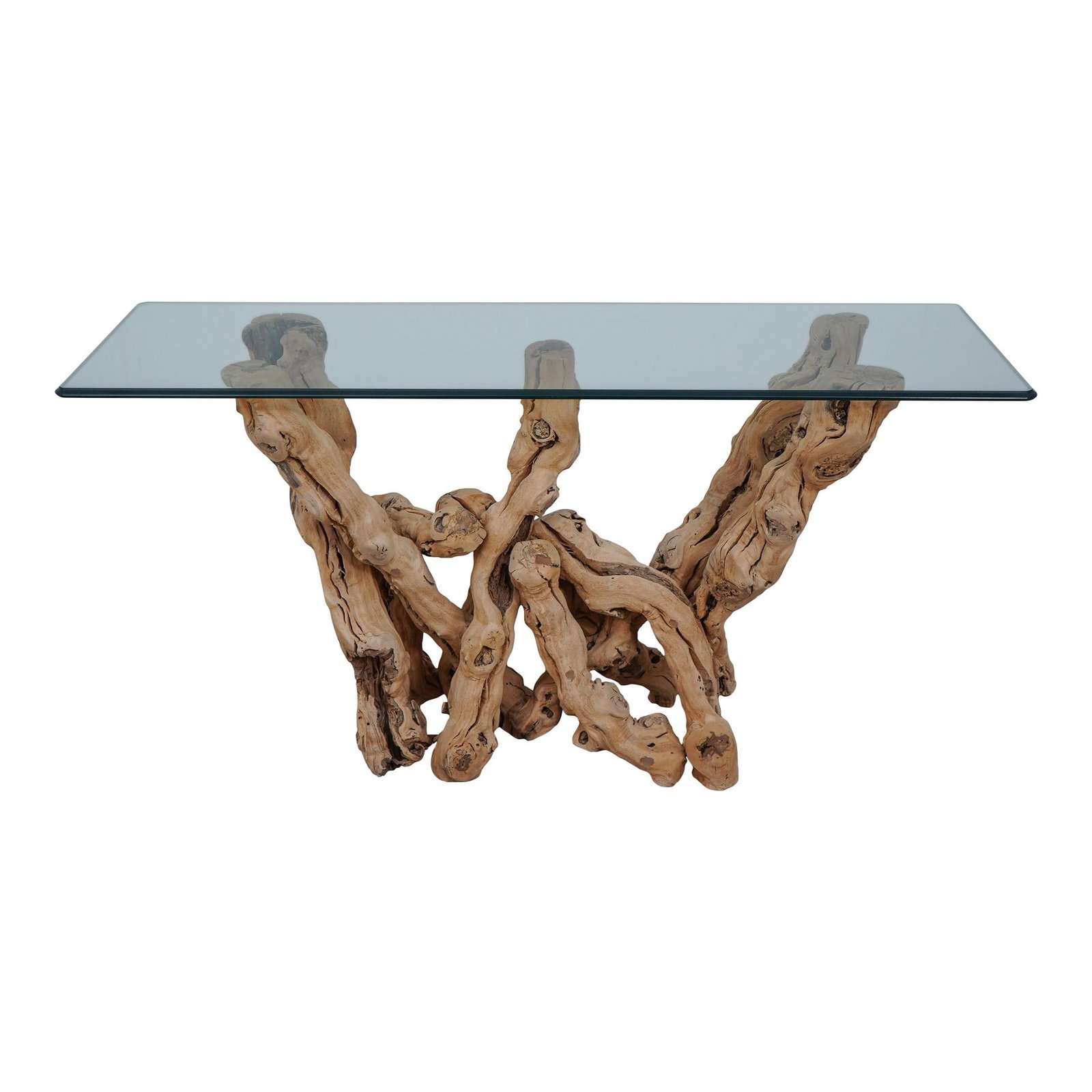 Modern Driftwood Base Console Table with Beveled Glass Top: Modern Driftwood Base Console Table with Beveled Glass Top This stunning Modern Design Console Hall Table features a unique driftwood base with high-quality construction and a beveled glass edge top. 