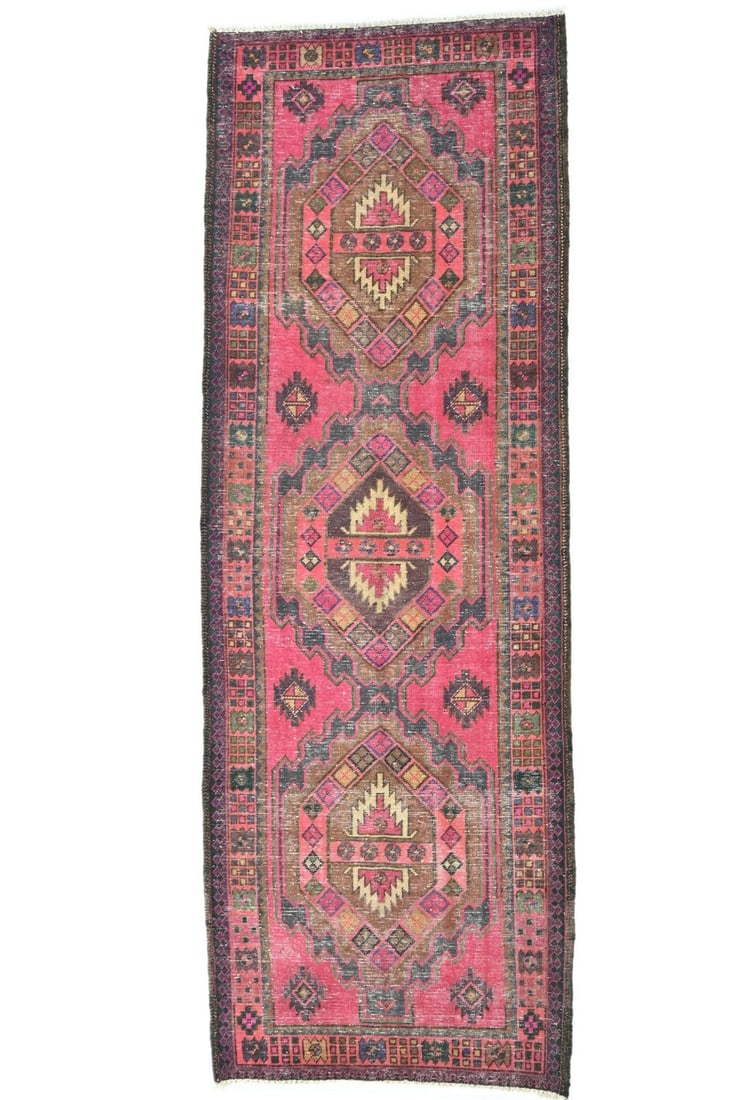 Hand Knotted Wool Tribal Runner Rug 3'8 x 9'11 Vintage Geometric: Hand Knotted Wool Tribal Runner Rug 3'8 x 9'11 Vintage Geometric This exquisite antique handmade Oriental runner rug showcases a beautiful floral design in muted tones of plum, pink, brown, cream, and