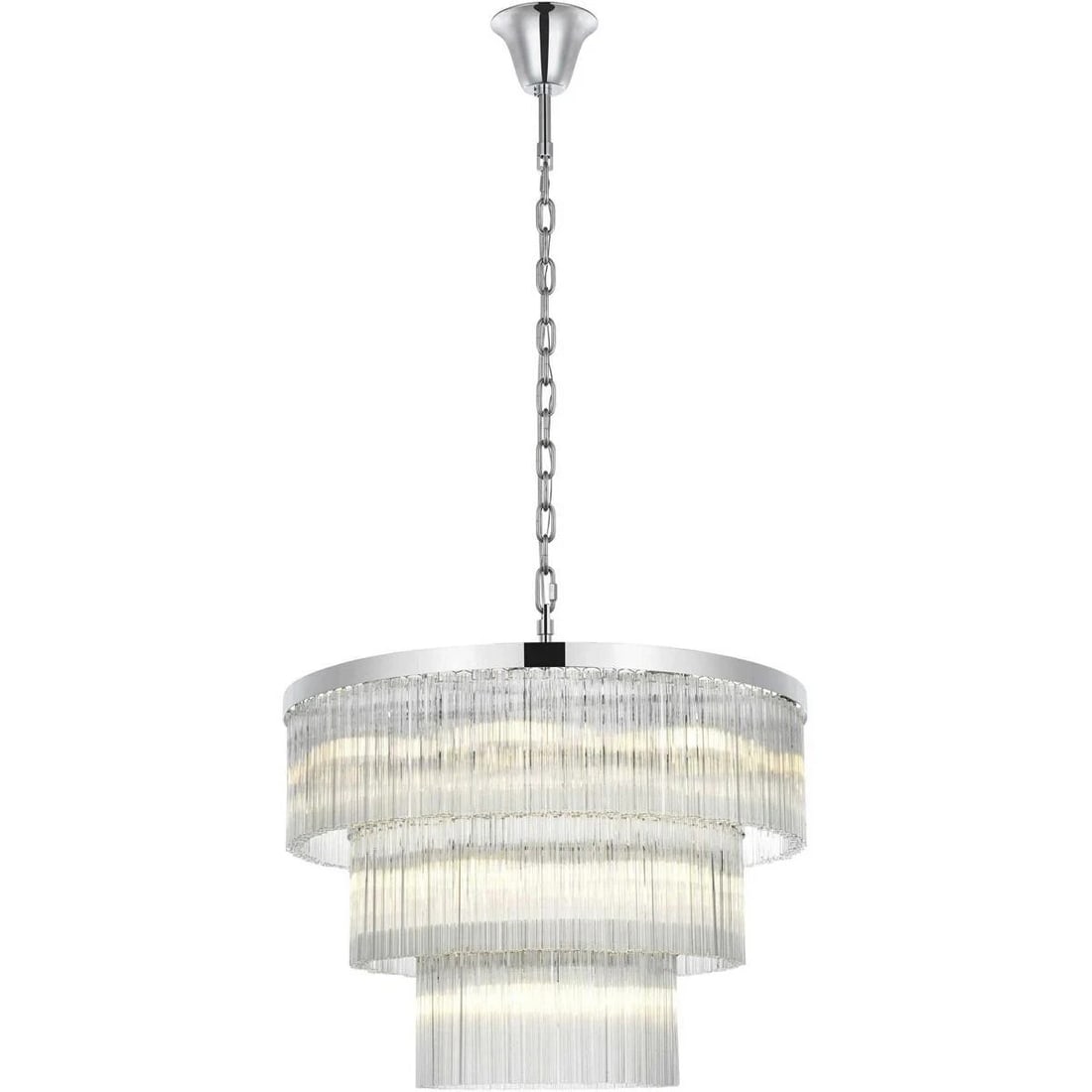 Harlow 18-Light Chrome Chandelier 32 Inch Wide: Harlow 18-Light Chrome Chandelier 32 Inch Wide This modern 18-light chandelier features a chrome finish and a round, three-tiered design, making it an elegant centerpiece for dining rooms, living room