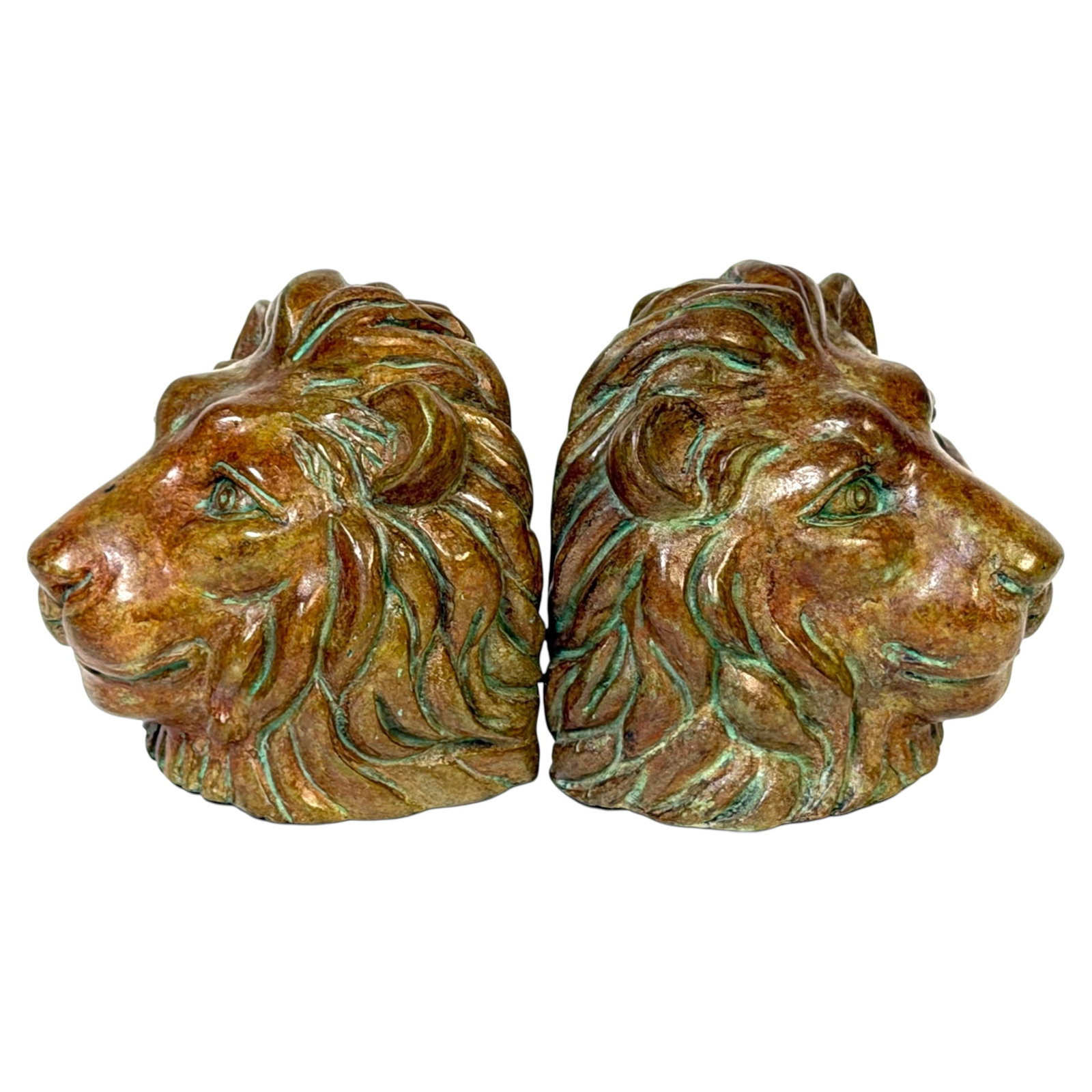 Set of 2 Bronze Lion Head Bookends Verdigris Patina (1 of 11)