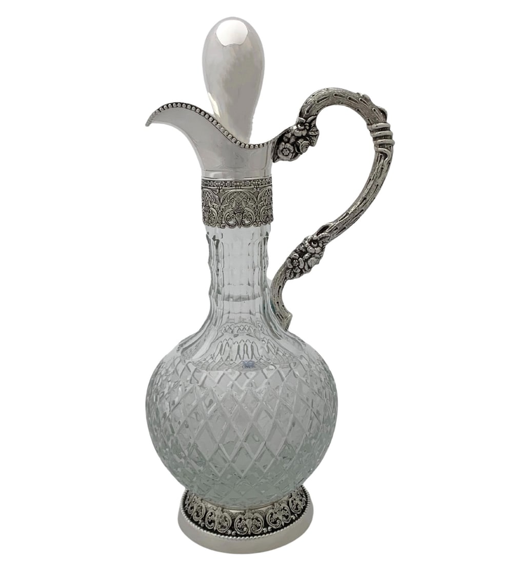Portugal Sterling Silver and Crystal Ornate Floral Pitcher by Topazio 14.5 Inch: Portugal Sterling Silver and Crystal Ornate Floral Pitcher by Topazio 14.5 Inch This fine handmade pitcher from Portugal features ornate floral chased designs crafted in 925 sterling silver and crysta