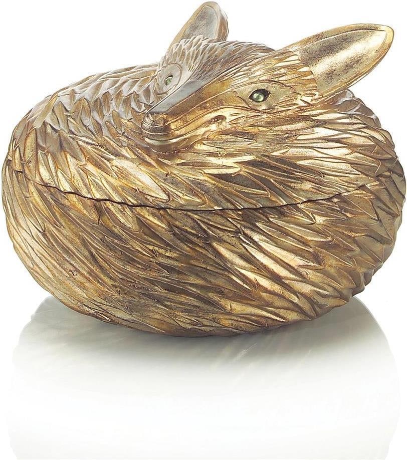 John-Richard Silver Leaf Fox Box with Green Eyes: John-Richard Silver Leaf Fox Box with Green Eyes This exquisite Fox Box features a stunning antique silver leaf finish and captivating green gem eyes, making it a unique decorative piece. Crafted in a