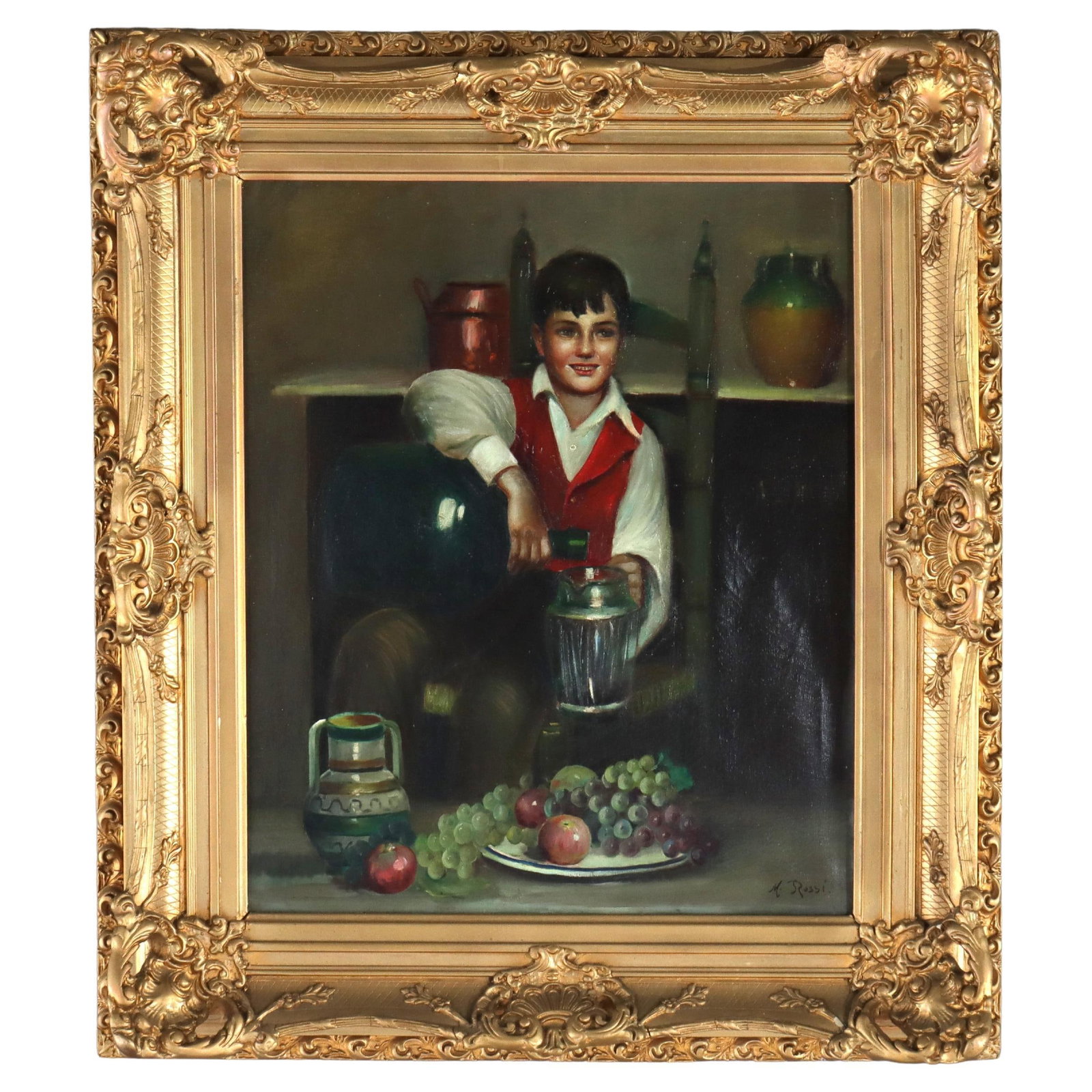 19th Century Oil Painting by M. Rossi Boy Serving Wine: 19th Century Oil Painting by M. Rossi Boy Serving Wine Discover this captivating antique oil on canvas genre painting by M. Rossi, created circa 1890. This artwork showcases a young boy serving wine a