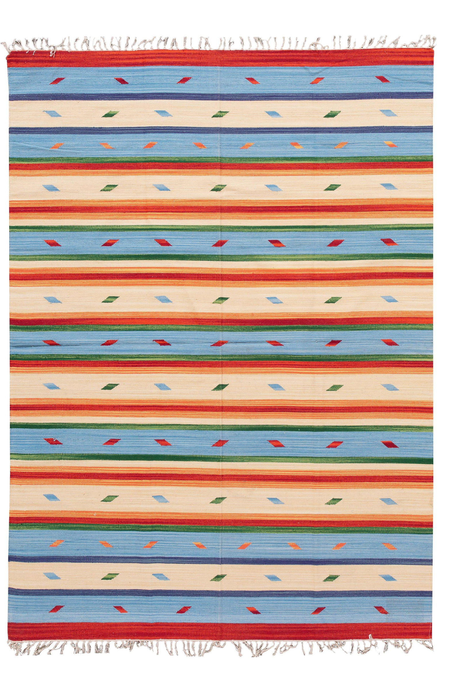 Hand-Woven Modern Kilim Rug Tan Color 5'7 x 7'8 Wool: Hand-Woven Modern Kilim Rug Tan Color 5'7 x 7'8 Wool Discover the elegance of this hand-woven modern Kilim rug, featuring a warm tan field beautifully complemented by vibrant multi-color accents in a 