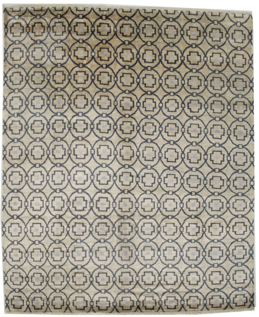 Hand-Knotted Beige Geometric Wool and Bamboo Silk Modern 8x10 Area Rug: Hand-Knotted Beige Geometric Wool and Bamboo Silk Modern 8x10 Area Rug This handmade area rug features a modern geometric pattern in beige, dark gray, and light gray tones, skillfully crafted using a 