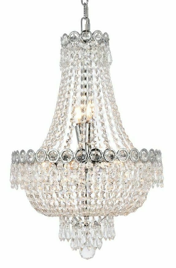Royal Cut Crystal Chrome Empire Chandelier 8-Light Century: Royal Cut Crystal Chrome Empire Chandelier 8-Light Century This elegant French Empire-style chandelier features a polished chrome finish and high-quality Royal Cut clear crystals. Designed for dining 