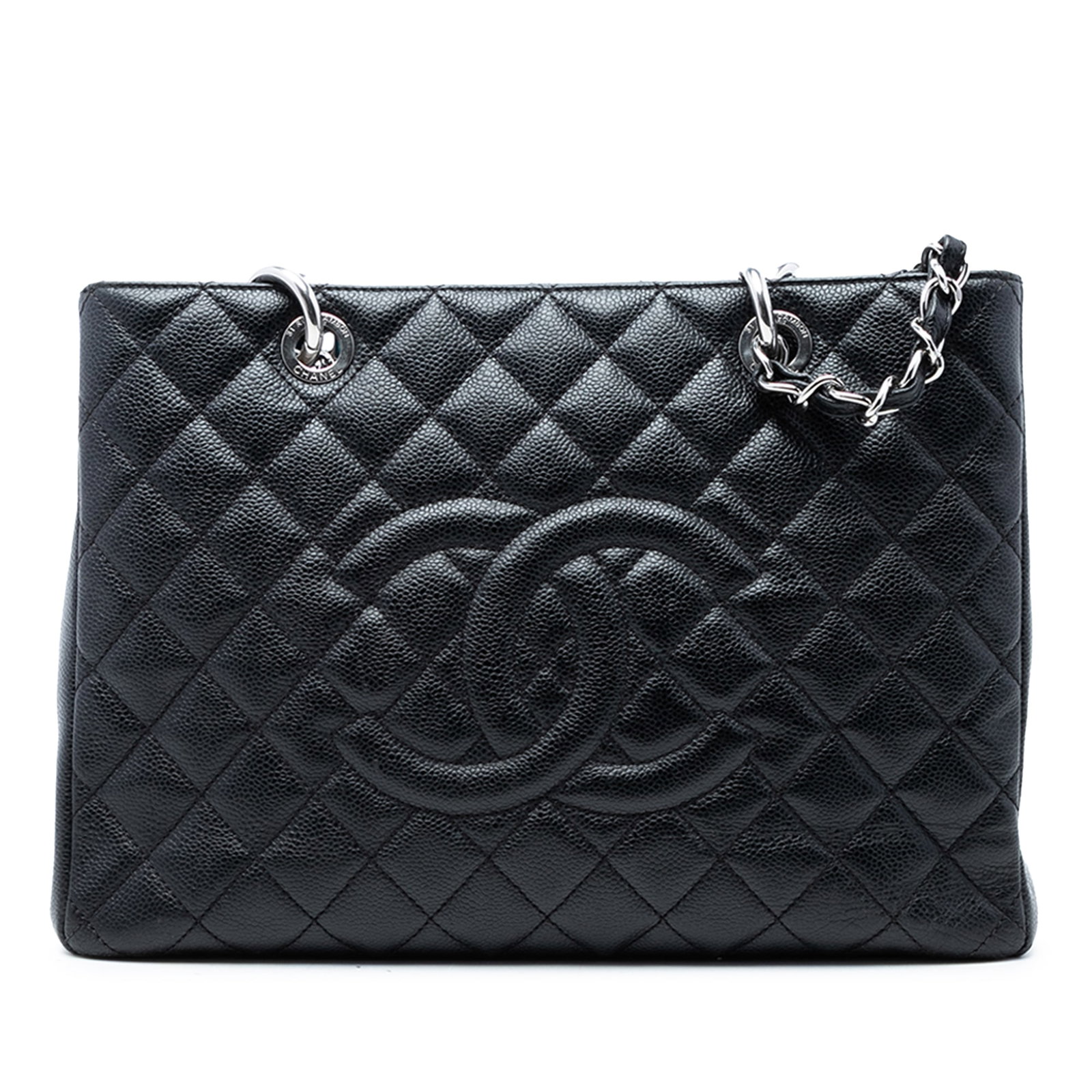 Chanel Caviar Leather Grand Shopping Tote Black: Chanel Caviar Leather Grand Shopping Tote Black This Chanel Caviar Grand Shopping Tote features a signature quilted Caviar leather exterior in black, complemented by leather-woven chain shoulder strap