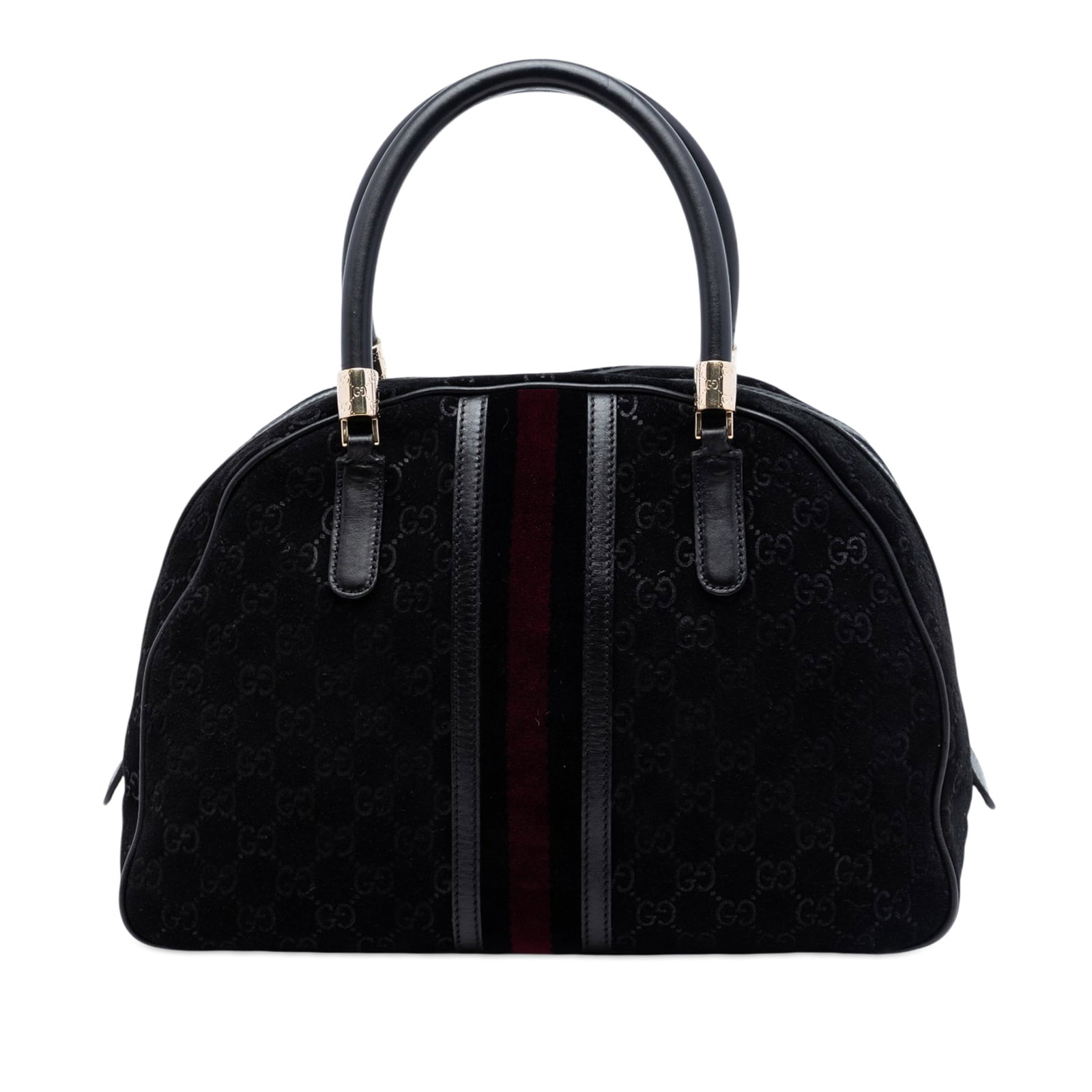 Gucci GG Dome Handbag in Black Suede with Web Detail: Gucci GG Dome Handbag in Black Suede with Web Detail Gucci GG Suede Web Dome Handbag crafted with a suede body, leather trim, and web detailing. It features rolled leather handles, a zip-around closur