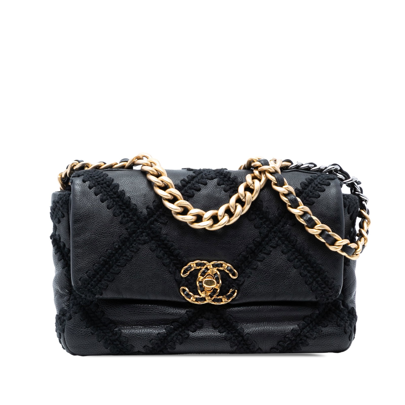 Chanel 19 Medium Flap Bag Black Quilted Calfskin with Crochet Stitching (1 of 8)