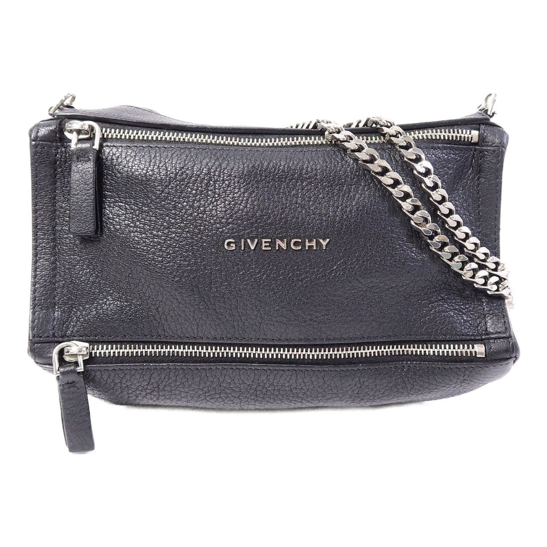 GIVENCHY Pandora Mini Black Calfskin Shoulder Bag SHW: GIVENCHY Pandora Mini Black Calfskin Shoulder Bag SHW This Givenchy Pandora Mini Chain Shoulder Bag is crafted from black calfskin leather, offering a sleek and sophisticated look. Designed for women,