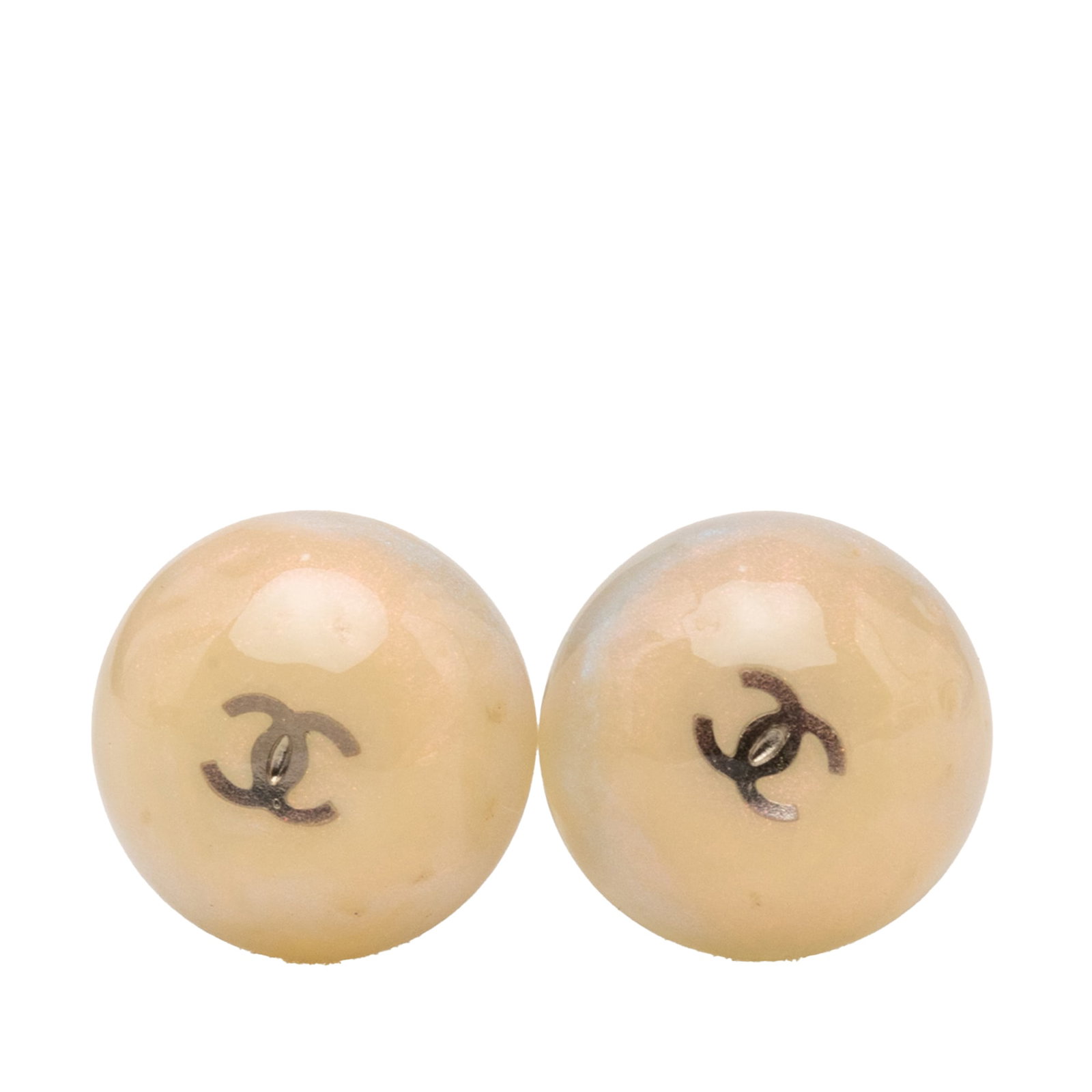 Chanel CC Stud Earrings in Beige Resin with Push Backs: Chanel CC Stud Earrings in Beige Resin with Push Backs Chanel CC earrings with a resin body and silver-tone metal accents. These push-back earrings are made in France and come with the box. Condition 