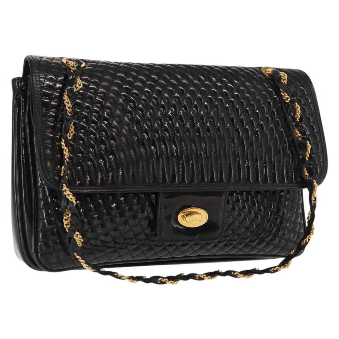 Black Patent Leather Shoulder Bag with Gold Chain by Bally: Black Patent Leather Shoulder Bag with Gold Chain by Bally This Bally shoulder bag features black patent leather with gold-tone hardware, crafted in Italy. It measures approximately 10.2 inches in len
