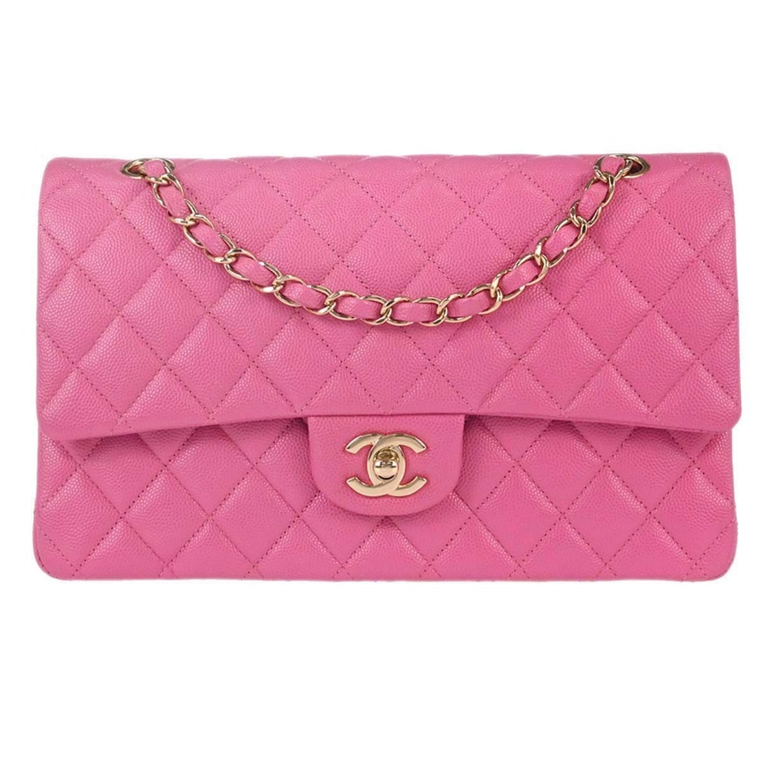 CHANEL Classic Double Flap Medium Shoulder Bag Pink Leather: CHANEL Classic Double Flap Medium Shoulder Bag Pink Leather Chanel Medium Classic Double Flap shoulder bag in pink caviar skin leather with a turn-lock closure and shoulder strap. This women's bag fea
