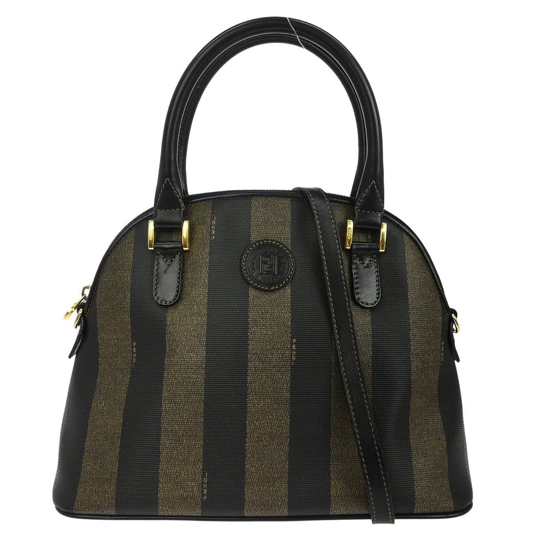 Fendi Pequin Medium PVC Handbag Brown Black with Shoulder Strap: Fendi Pequin Medium PVC Handbag Brown Black with Shoulder Strap Fendi Pequin handbag in brown and black PVC with leather trim, featuring a zip closure, logo accents, and an interior zipper pocket. Mad