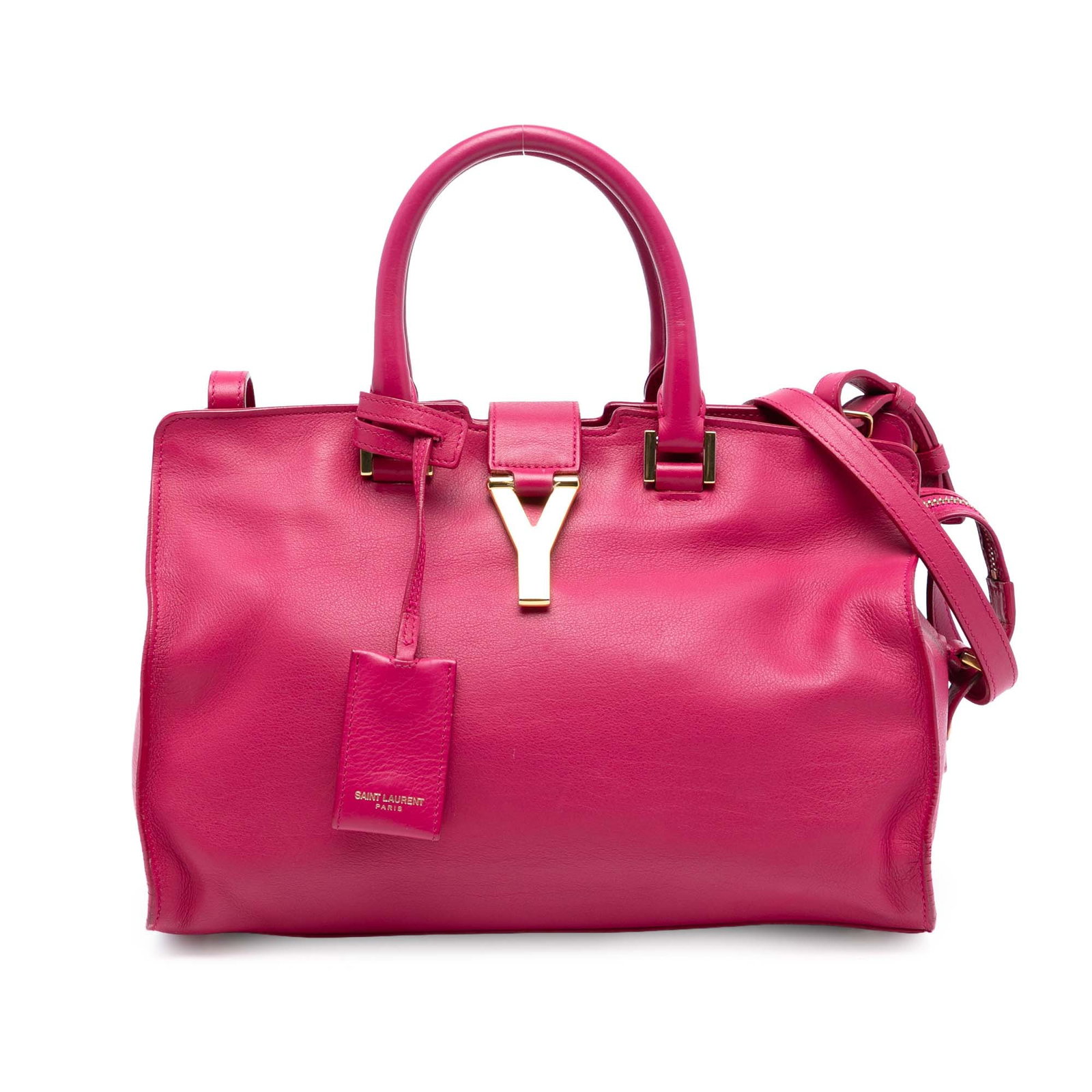 Pink Leather Cabas Chyc Small Satchel by Saint Laurent with Strap: Pink Leather Cabas Chyc Small Satchel by Saint Laurent with Strap This Saint Laurent Small Calfskin Cabas Chyc Satchel is crafted in pink leather and features rolled leather handles, a detachable flat
