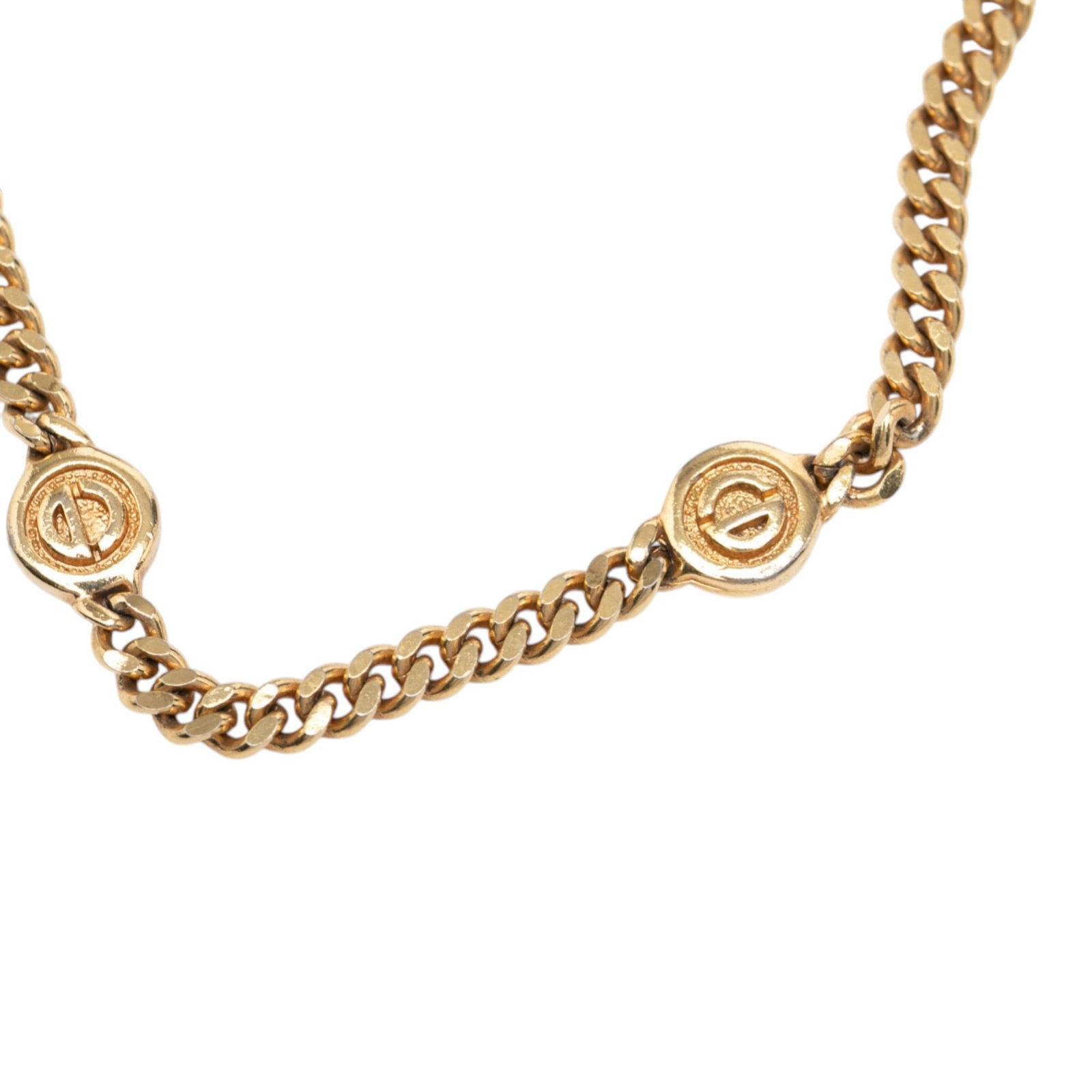 Dior Chain Necklace with Gold Plated CD Logo: Dior Chain Necklace with Gold Plated CD Logo This Dior necklace features a gold-plated metal chain with the signature CD logo and a fold-over clasp closure. The necklace is categorized as costume jewe