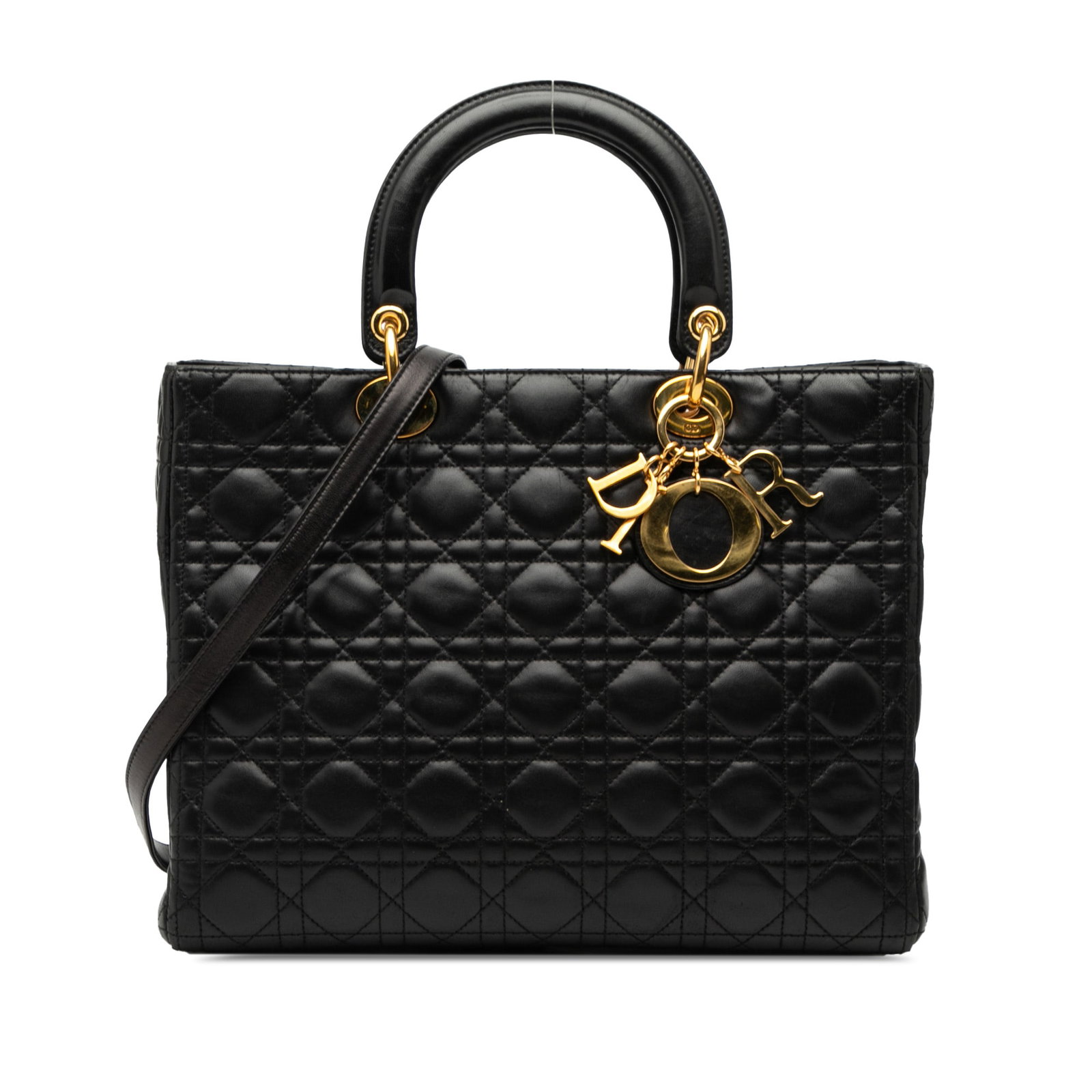 Dior Lady Dior Large Black Cannage Quilted Lambskin Shoulder Bag: Dior Lady Dior Large Black Cannage Quilted Lambskin Shoulder Bag This Large Lady Dior bag is crafted from quilted lambskin leather in black, featuring flat top handles and a detachable flat leather st