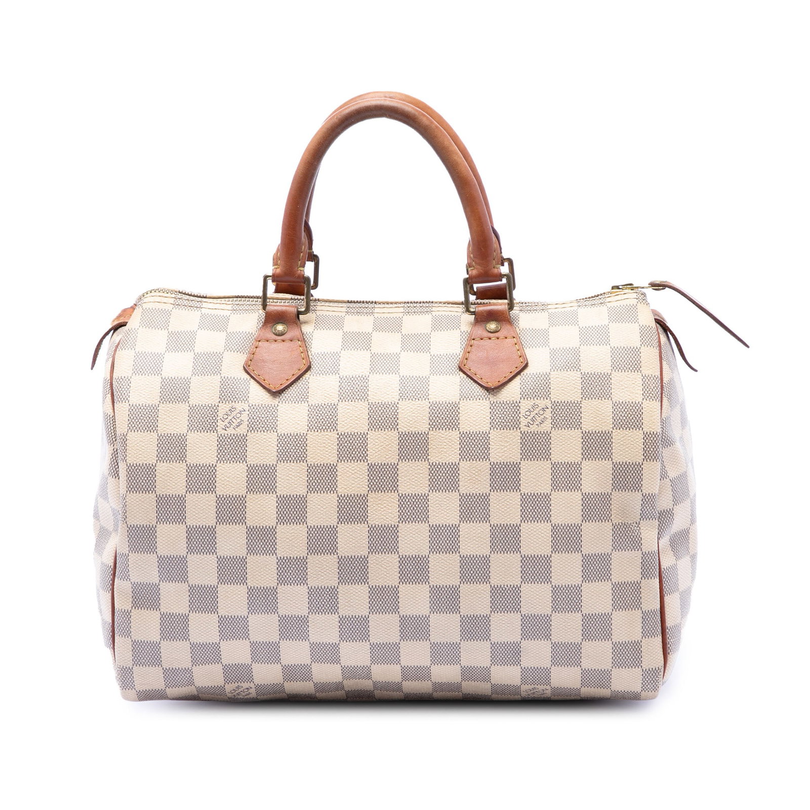 Louis Vuitton Speedy 30 Damier Azur Handbag: Louis Vuitton Speedy 30 Damier Azur Handbag Louis Vuitton Damier Azur Speedy 30 handbag crafted with a damier canvas body, vachetta leather trim, and rolled vachetta leather handles. It features a top