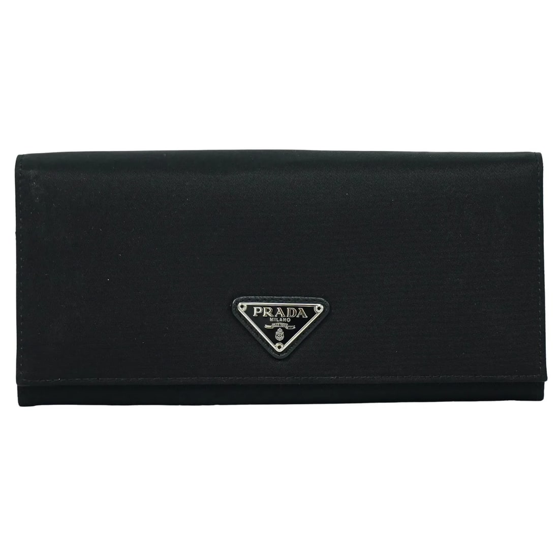 Prada Continental Black Nylon Wallet for Women: Prada Continental Black Nylon Wallet for Women This Prada Continental Wallet in black nylon features a sleek design suitable for women. Crafted in Italy, it offers practical dimensions for everyday us