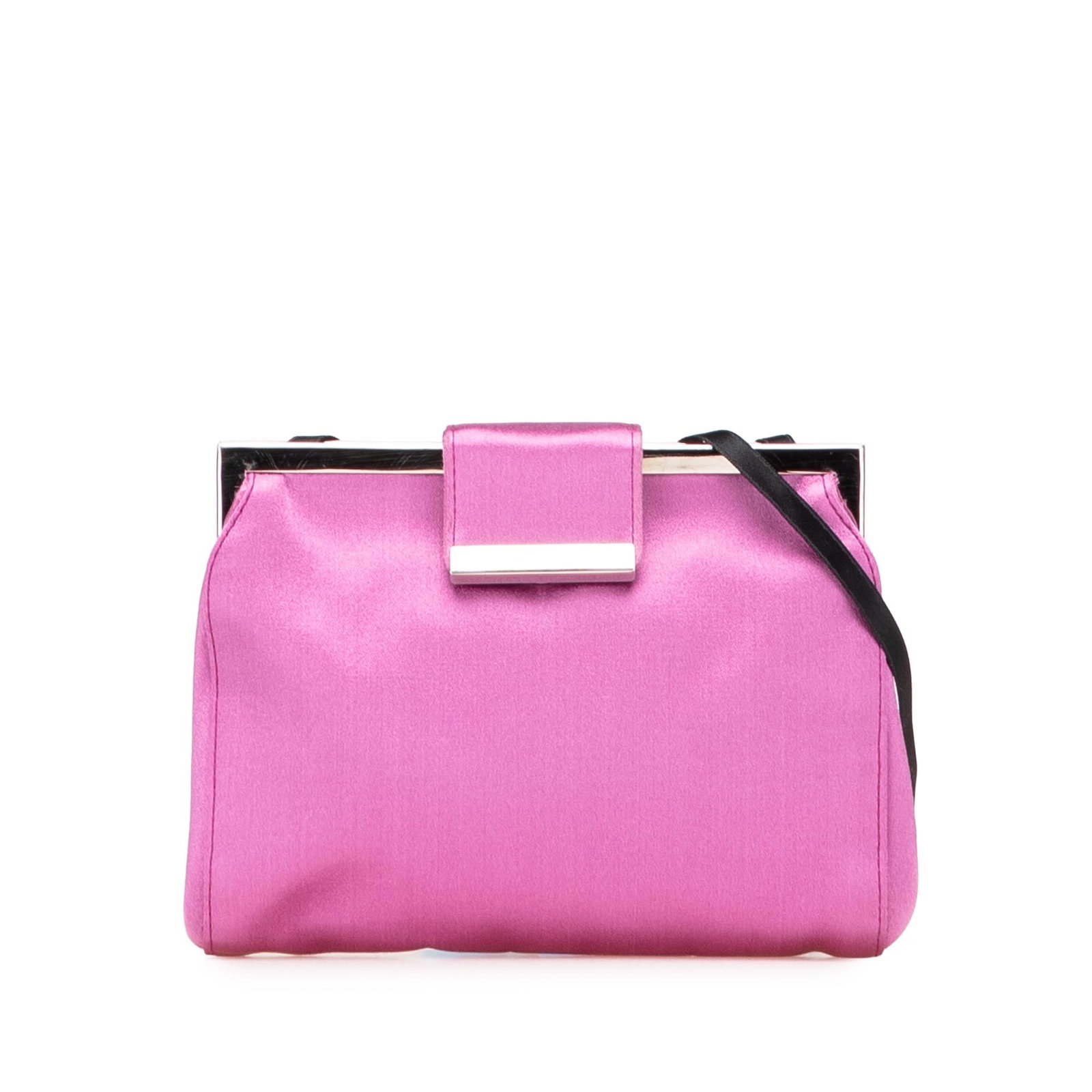 Miu Miu Pink Satin Clutch Shoulder Bag with Clasp Closure: Miu Miu Pink Satin Clutch Shoulder Bag with Clasp Closure This Miu Miu Satin Clasp Clutch on Strap is a stylish shoulder bag crafted from luxurious satin. It features a flat shoulder strap and a sturd