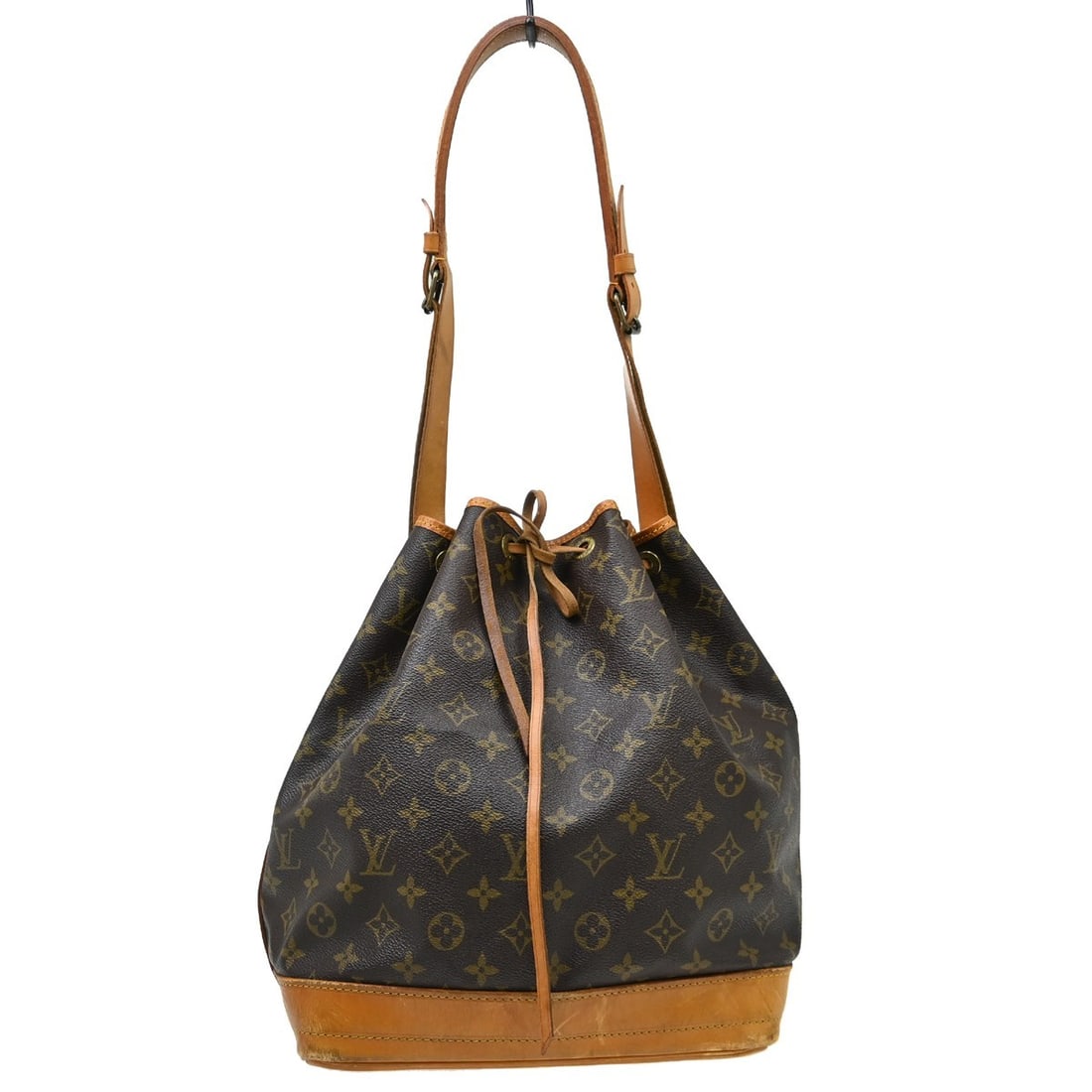 Louis Vuitton Noe Monogram Canvas Shoulder Bag Drawstring M42224: Louis Vuitton Noe Monogram Canvas Shoulder Bag Drawstring M42224 Vintage Louis Vuitton Noe shoulder bag in brown Monogram canvas with leather trim and a drawstring closure. This unisex medium bag feat