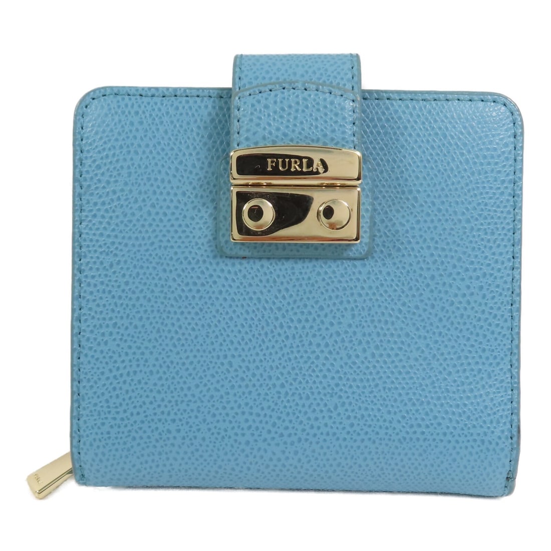 Furla Bi-Fold Calfskin Leather Wallet with Gold Hardware in Blue: Furla Bi-Fold Calfskin Leather Wallet with Gold Hardware in Blue This Furla short wallet features a bi-fold design and is crafted from light blue calfskin leather. Made in Italy, it offers a compact a