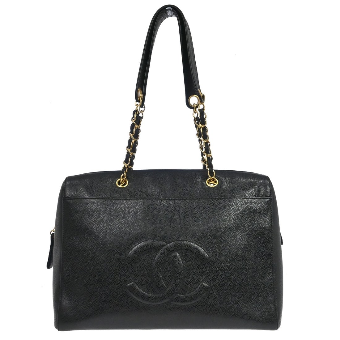CHANEL Caviar Black Calfskin Shoulder Tote Bag: CHANEL Caviar Black Calfskin Shoulder Tote Bag Chanel shoulder tote bag in black caviar skin leather with chain straps and zip closure. This medium bag is made in Italy and features one exterior pocke