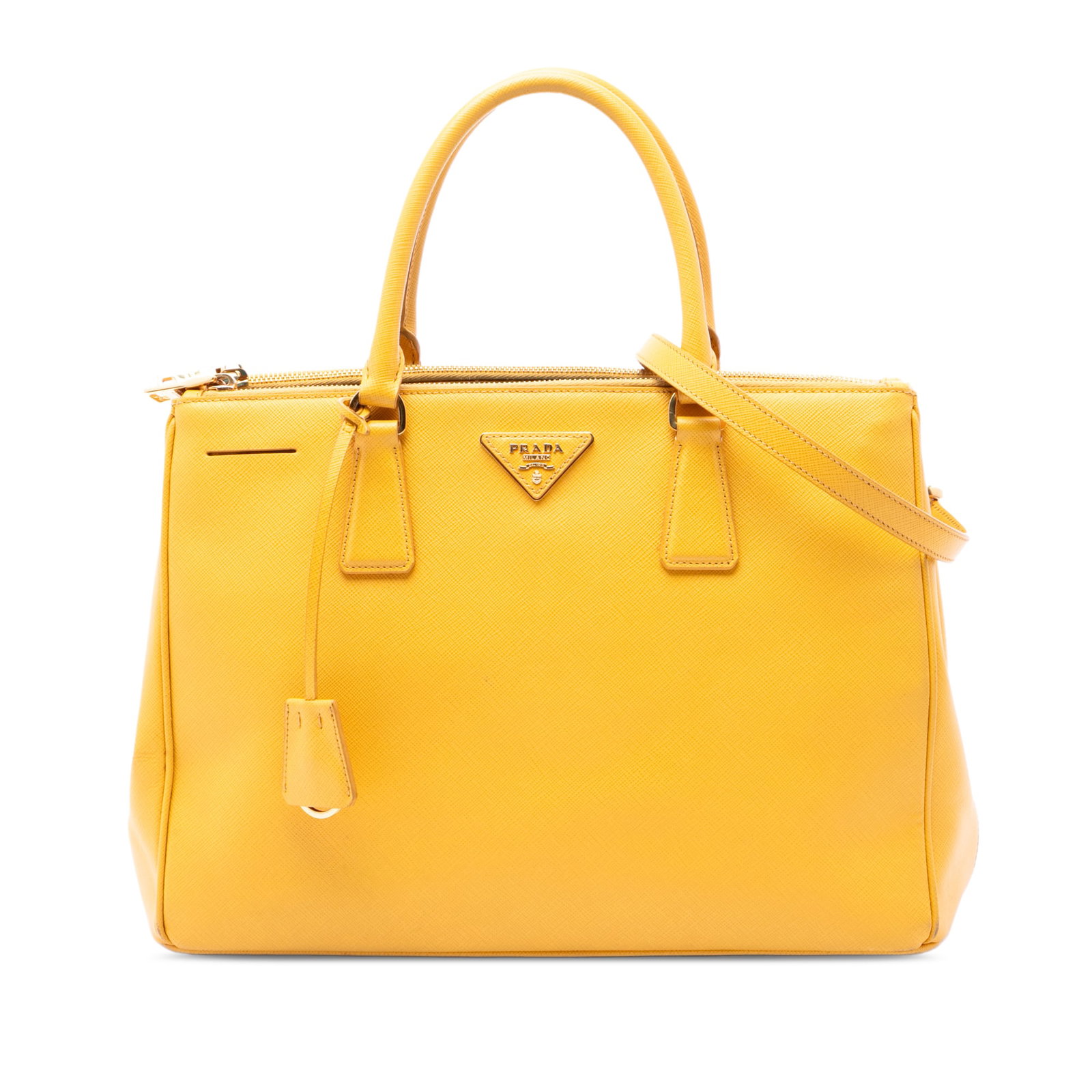 Prada Galleria Medium Saffiano Lux Leather Satchel Yellow: Prada Galleria Medium Saffiano Lux Leather Satchel Yellow This Prada Medium Saffiano Lux Galleria Double Zip Satchel is crafted in yellow saffiano leather and features rolled top handles, a detachable