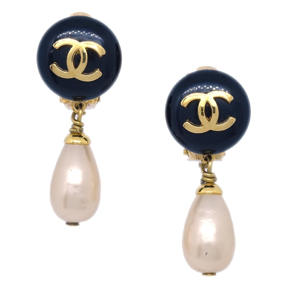Chanel 93A Clip On Dangle Earrings Gold Plated Faux Pearl: Chanel 93A Clip On Dangle Earrings Gold Plated Faux Pearl Clip-on Chanel dangle earrings featuring artificial pearl drops and a gold-tone design. Made in France, this pair is styled with acrylic and g