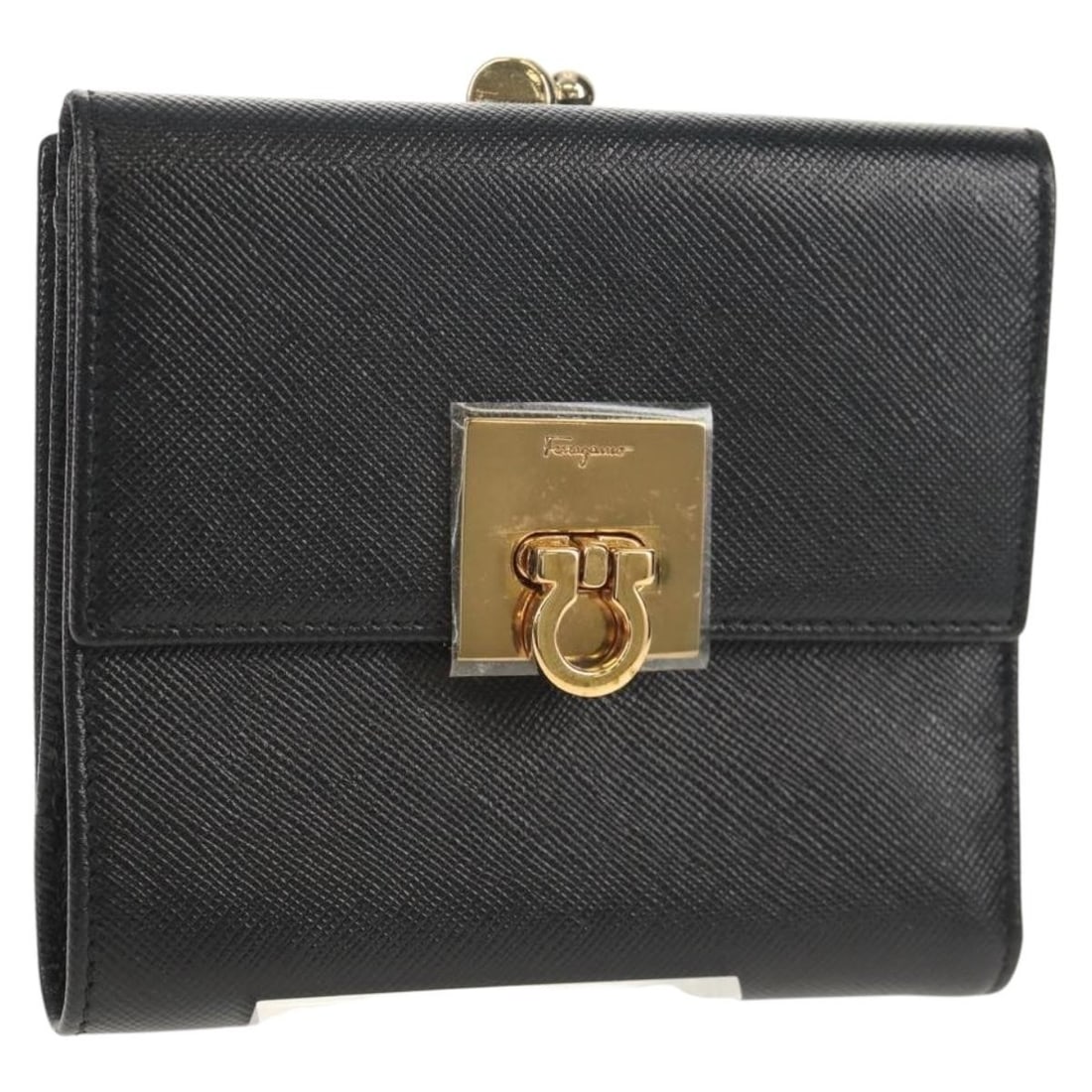 Leather bifold wallet Salvatore Ferragamo Gancini black gold tone: Leather bifold wallet Salvatore Ferragamo Gancini black gold tone Authentic Salvatore Ferragamo Gancini bifold wallet in black leather with gold-tone detailing. Made in Italy, this women's wallet incl