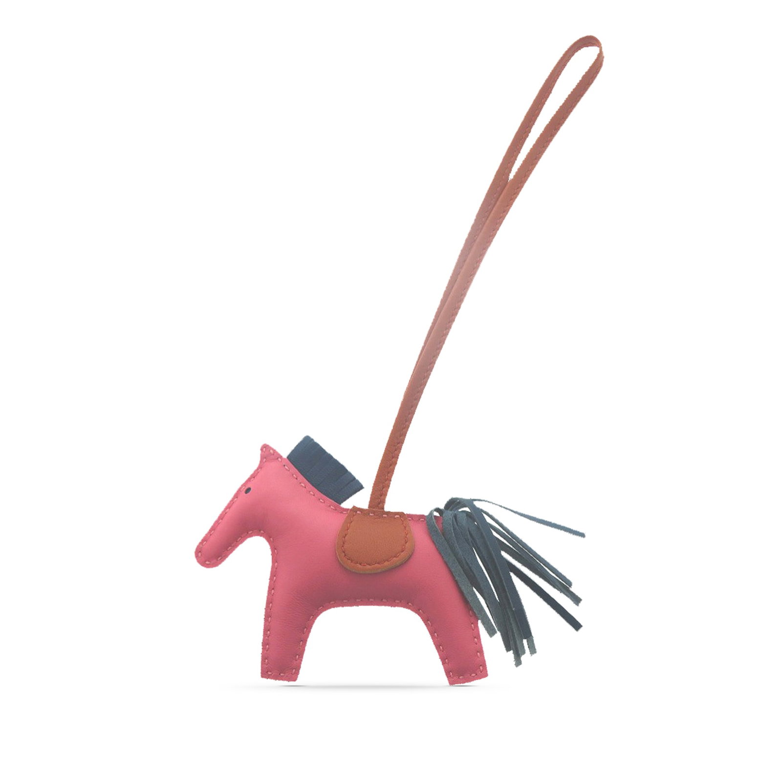 Hermes Pink Leather Rodeo Bag Charm PM: Hermes Pink Leather Rodeo Bag Charm PM This Hermes Milo Lambskin and Swift Grigri Rodeo Bag Charm PM is crafted from pink leather and features a playful horse design with a flat leather strap. Made in