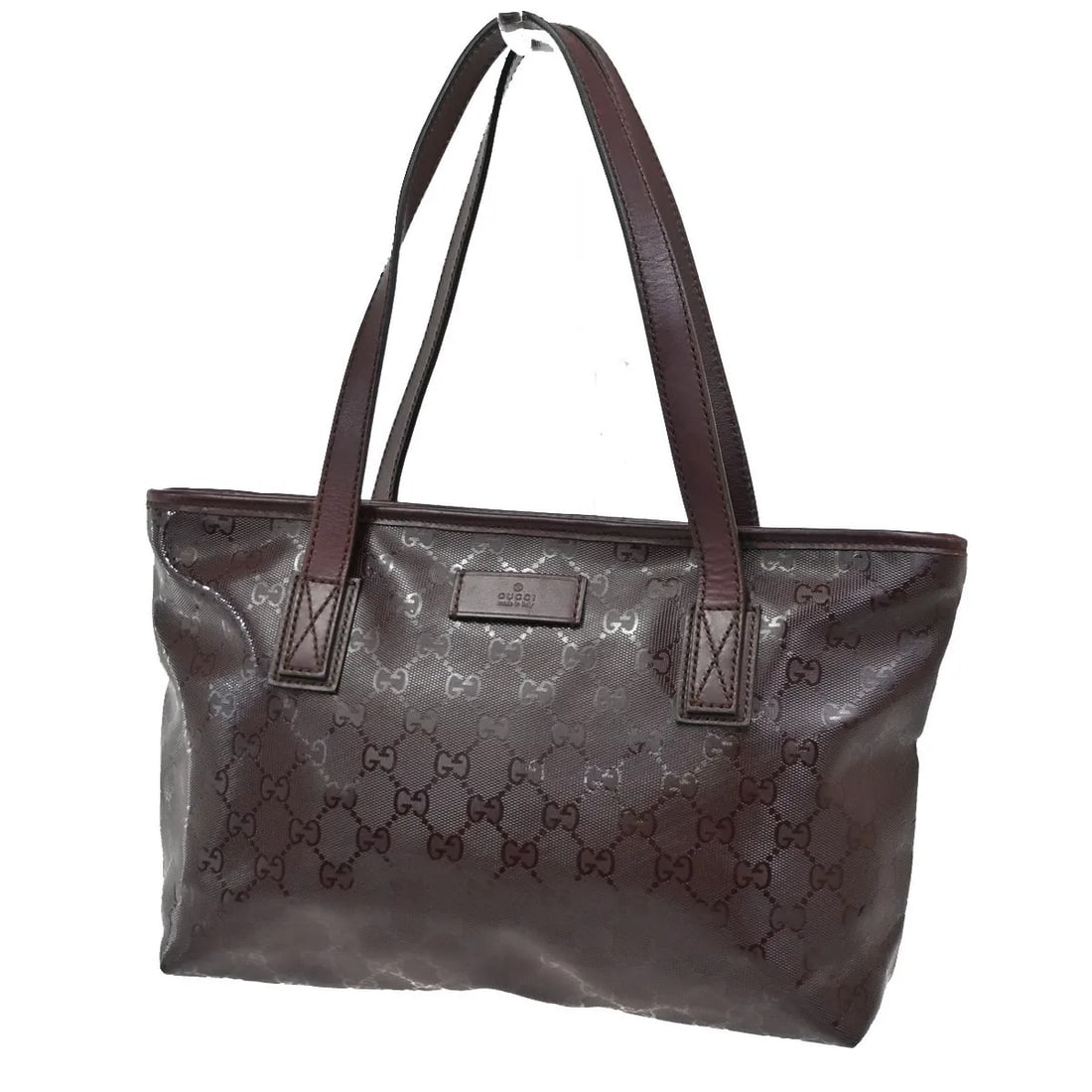 Burgundy PVC Gucci Plus Tote Shoulder Bag for Women: Burgundy PVC Gucci Plus Tote Shoulder Bag for Women This Gucci Plus Tote GG Imprime is a pre-owned shoulder bag designed for women. Crafted from burgundy PVC, it features the classic GG Imprime patter