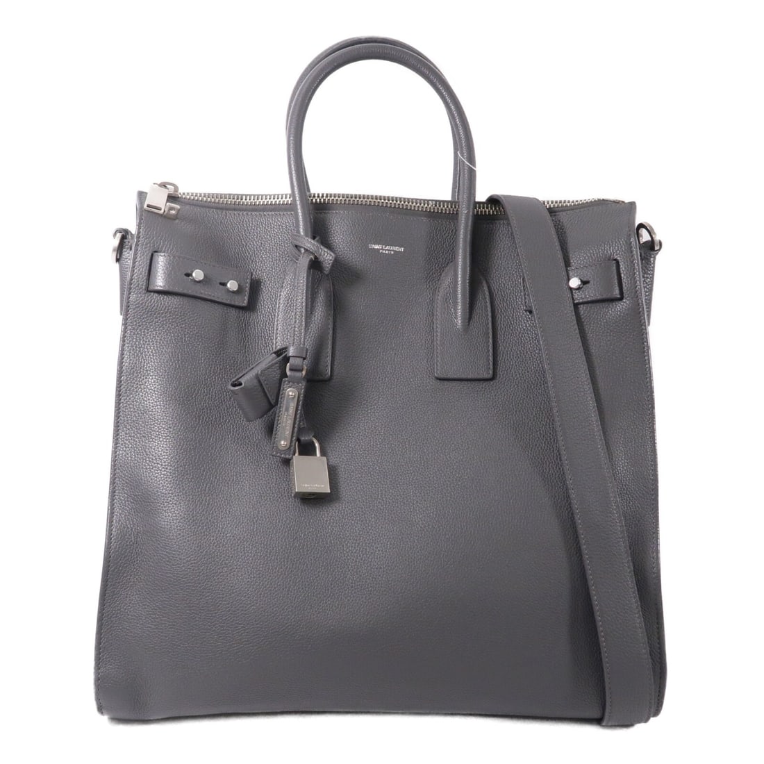 Saint Laurent Sac De Jour Souple Gray Calfskin Shoulder Tote: Saint Laurent Sac De Jour Souple Gray Calfskin Shoulder Tote This SAINT LAURENT Sac De Jour Souple North-South 2Way Shoulder Bag is crafted from luxurious gray calfskin leather. Featuring a versatile