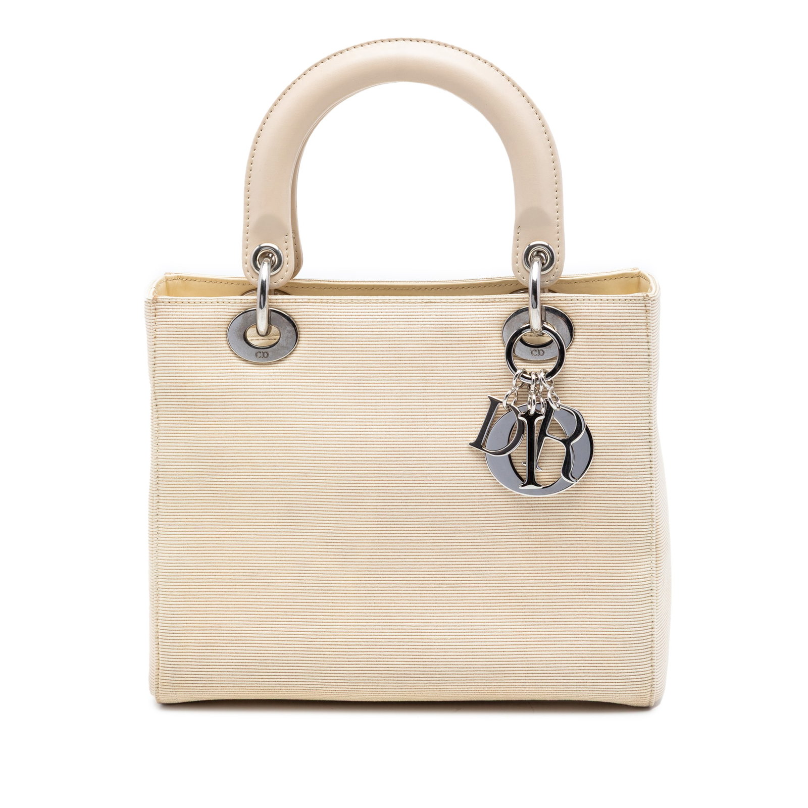 Dior Medium Canvas Lady Dior Brown Bag: Dior Medium Canvas Lady Dior Brown Bag This Medium Canvas Lady Dior bag features a brown fabric body with plastic handles, a top zip closure, and both interior zip and open pockets. The bag shows