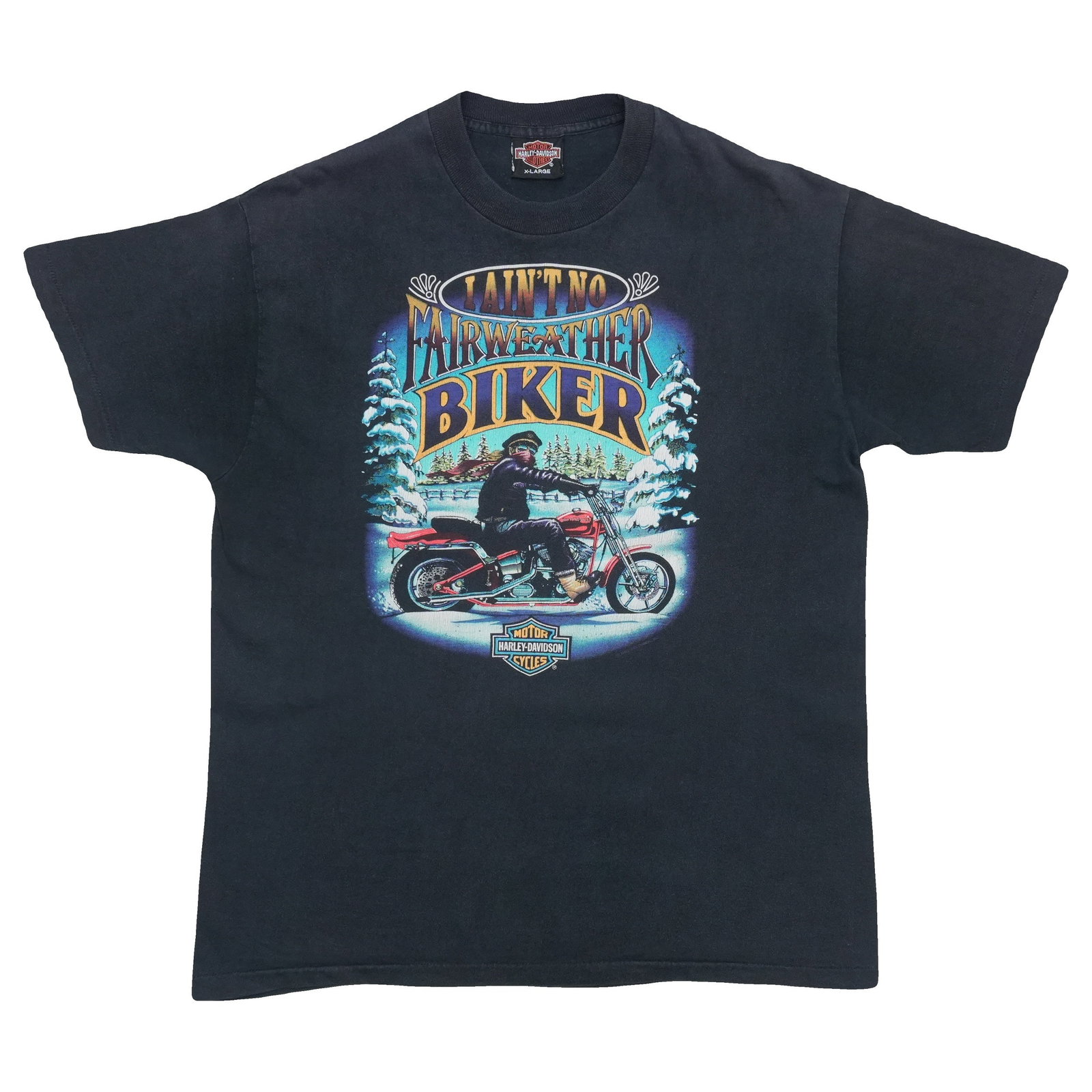 Vintage 1990 Black Biker Shirt with Harley Davidson Fairweather Graphics: Vintage 1990 Black Biker Shirt with Harley Davidson Fairweather Graphics This is an original vintage 1990 Harley Davidson Fairweather biker shirt, featuring both front and back graphics. The shirt is