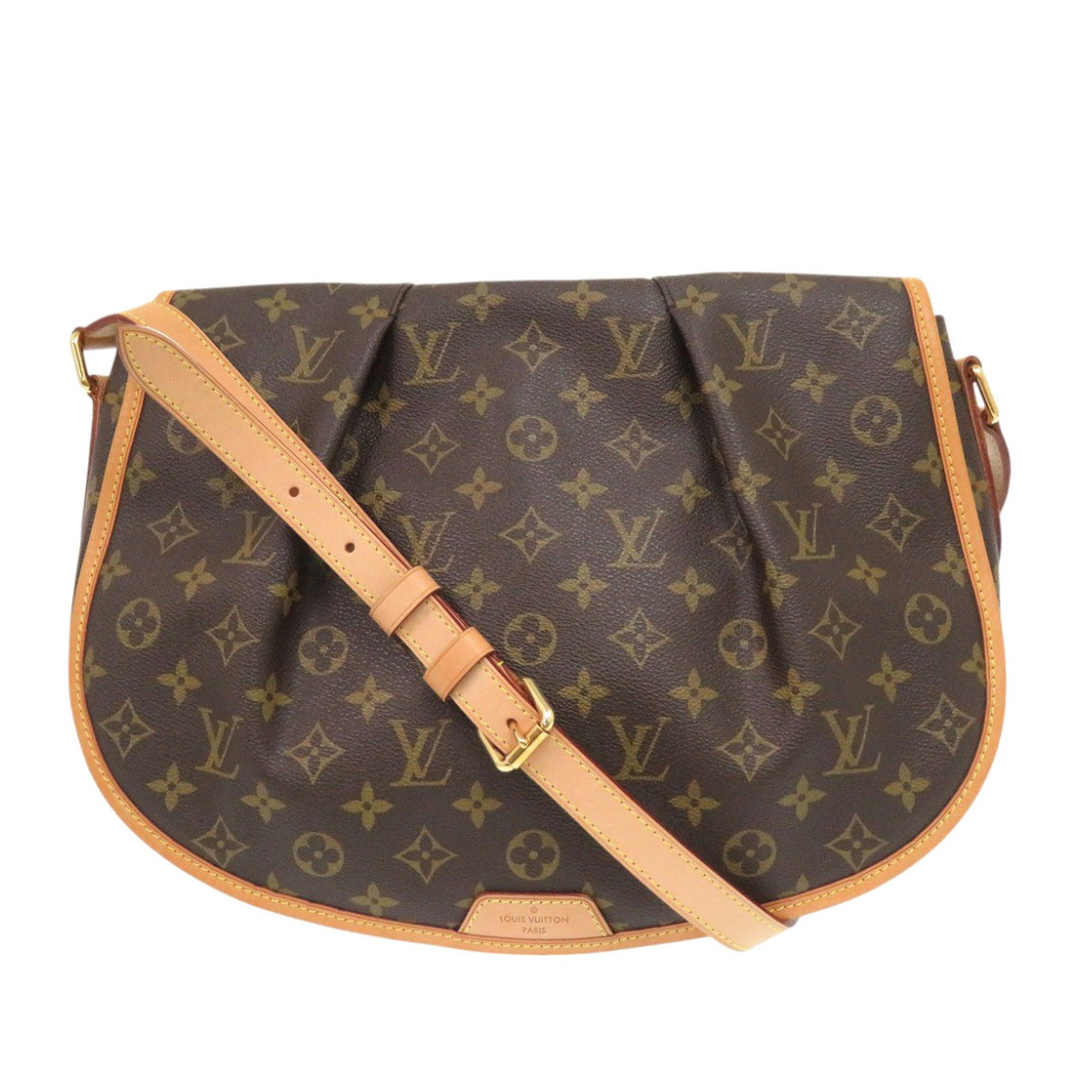 Louis Vuitton Menilmontant MM Monogram Shoulder Bag Brown: Louis Vuitton Menilmontant MM Monogram Shoulder Bag Brown Louis Vuitton Monogram Menilmontant MM shoulder bag crafted with a monogram canvas body and vachetta leather trim. It features an adjustable f